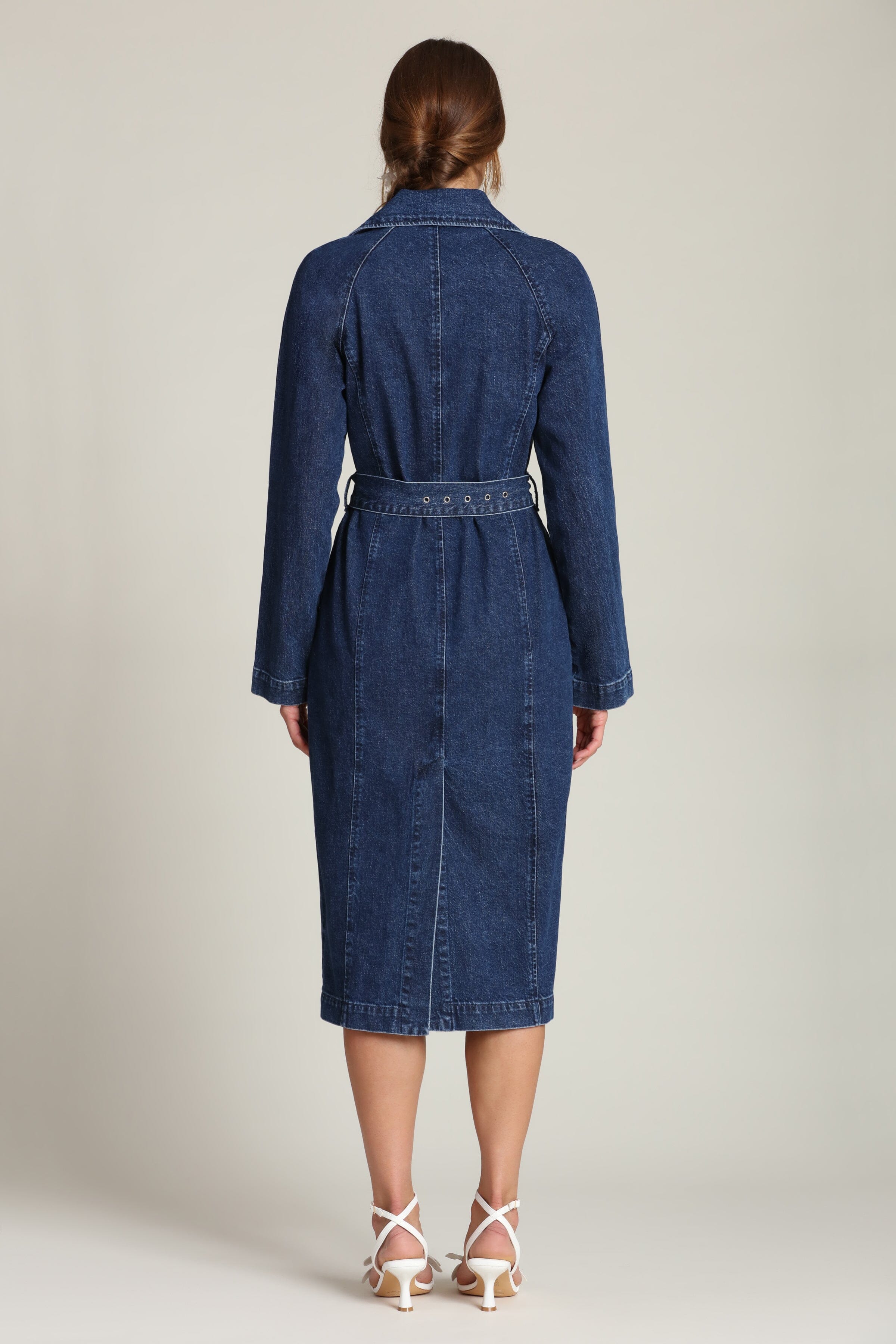 Denim utility button-front cotton blue trench coat with long raglan sleeves and removable self-tie belt - Shop designer women's trench coats by Avec Les Filles