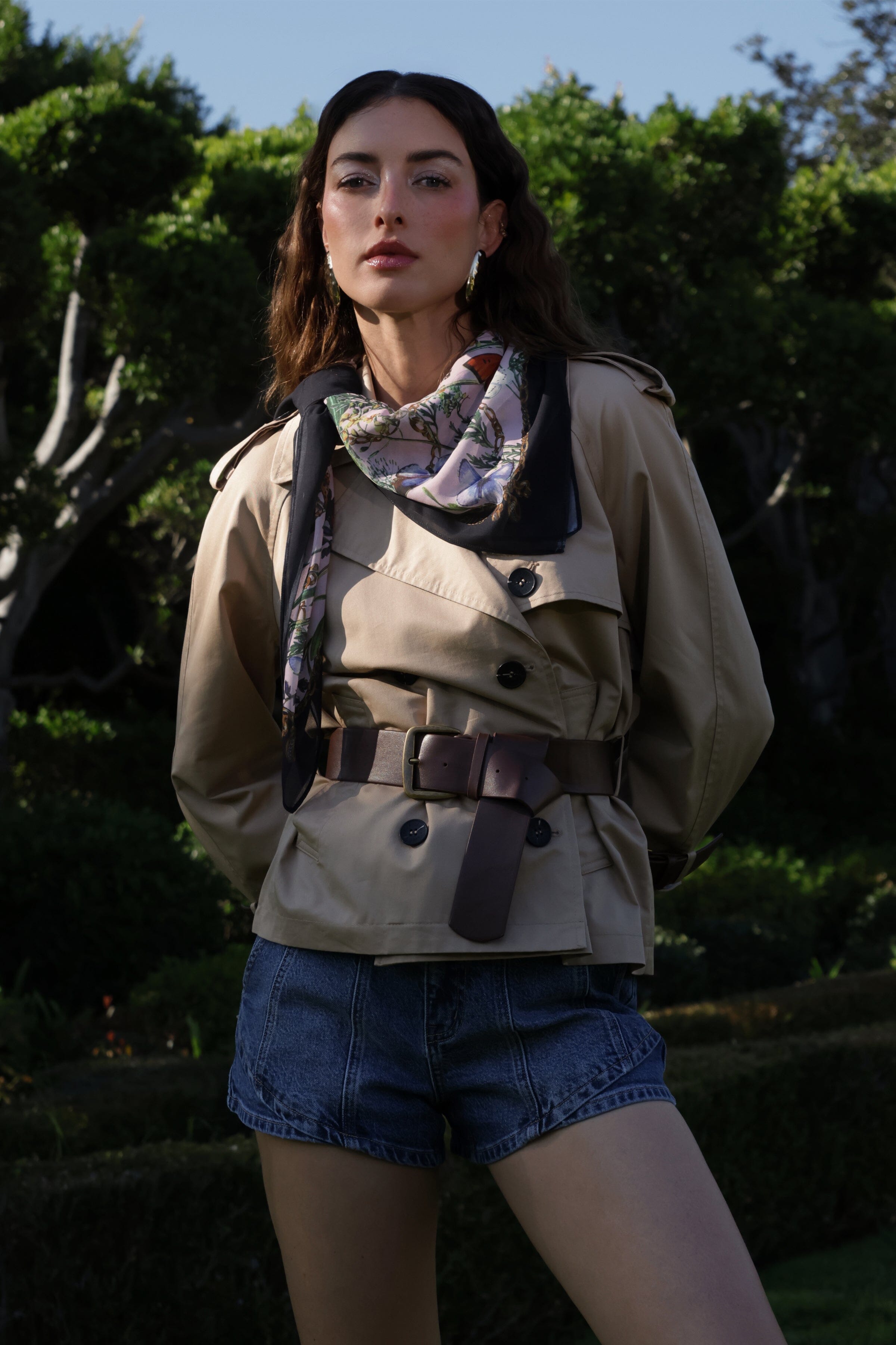 Cropped cotton double-breasted beige trench coat with button front and removable faux leather belt by Avec Les Filles