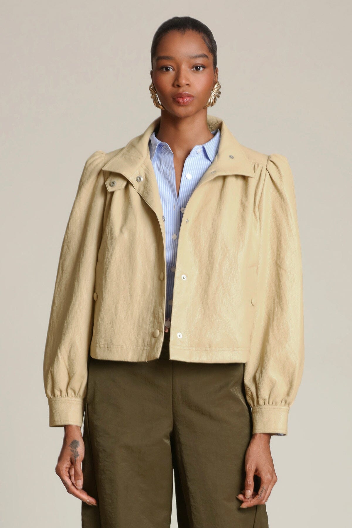 Faux leather snap-front ochre beige jacket with puff long sleeves and high stand collar - Shop designer women's jackets by Avec Les Filles