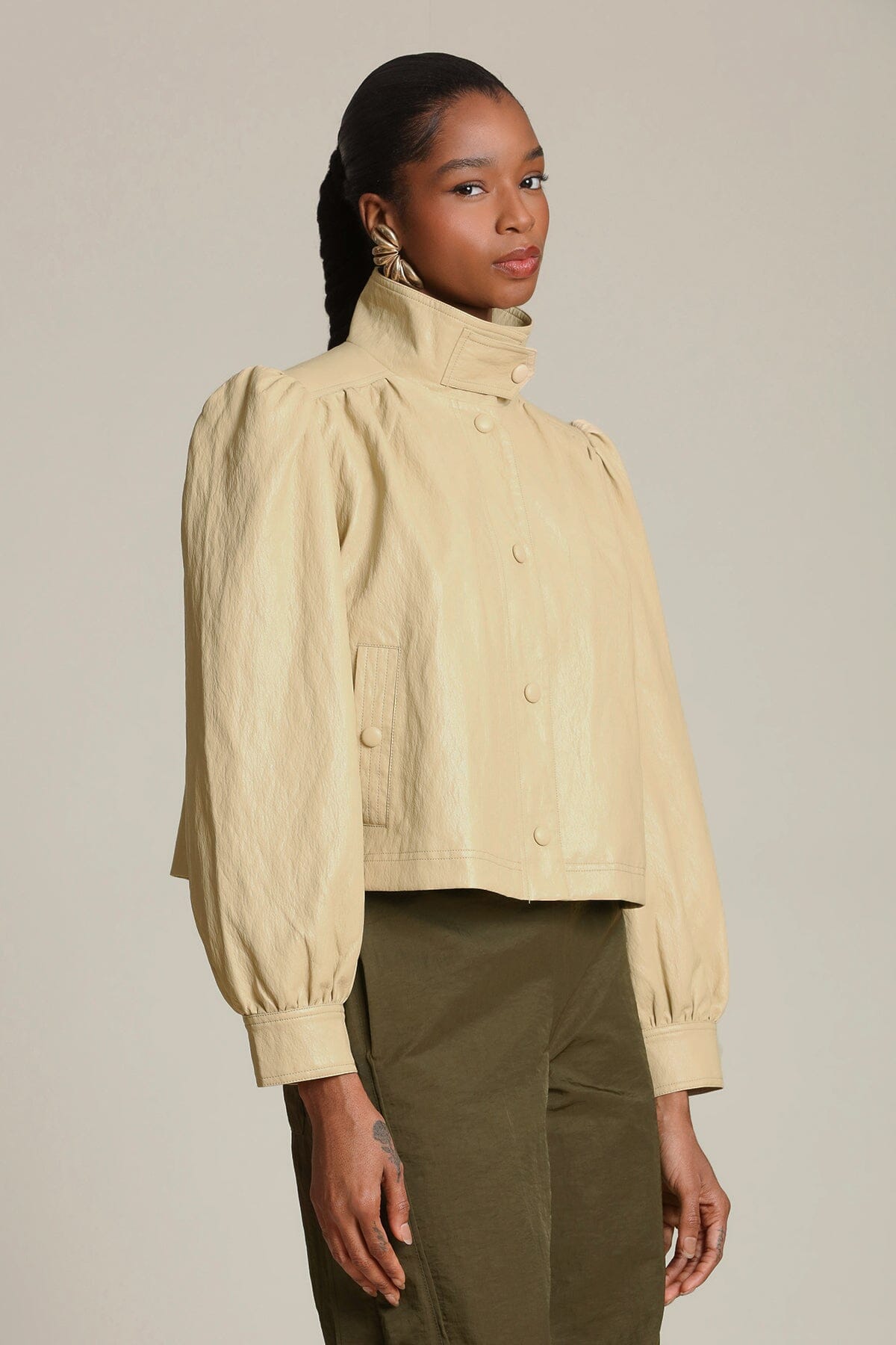 Faux leather snap-front ochre beige jacket with puff long sleeves and high stand collar - Shop designer women's jackets by Avec Les Filles