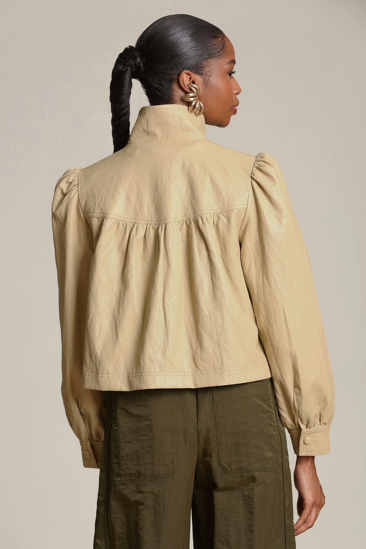 Faux leather snap-front ochre beige jacket with puff long sleeves and high stand collar - Shop designer women's jackets by Avec Les Filles