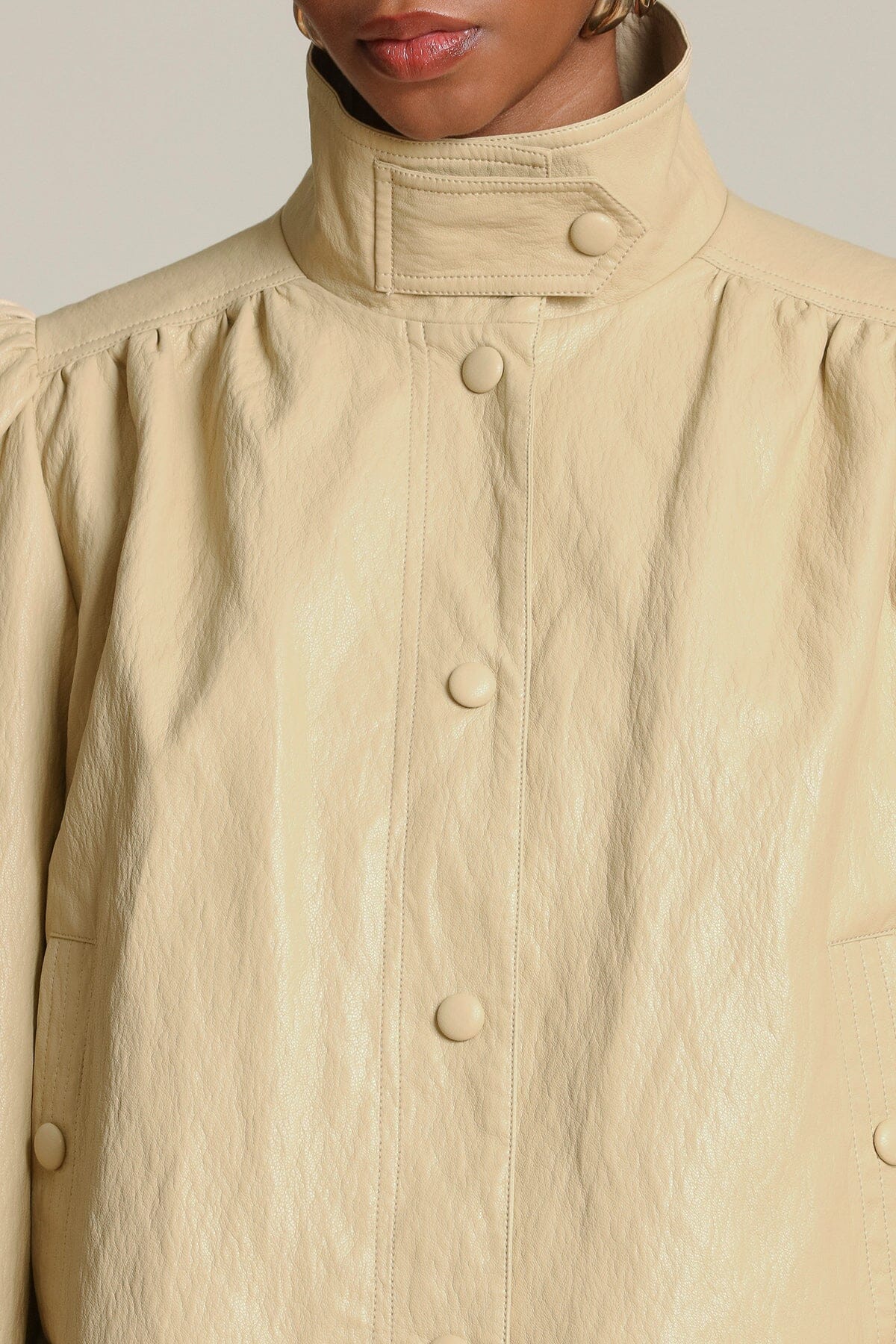 Faux leather snap-front ochre beige jacket with puff long sleeves and high stand collar - Shop designer women's jackets by Avec Les Filles
