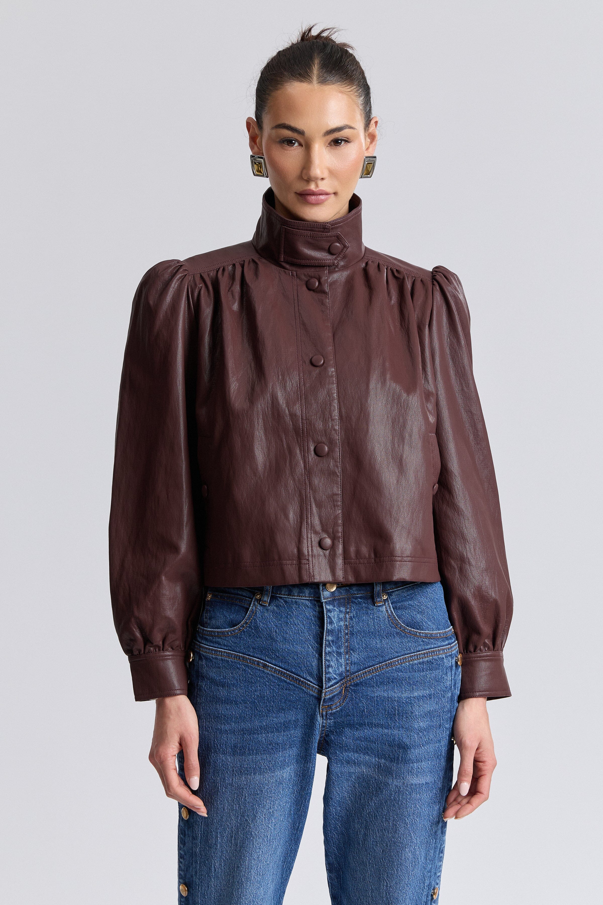 Puff-sleeve brown cropped leather jacket with stand collar - Shop women's cute cropped jackets by Avec Les Filles.
