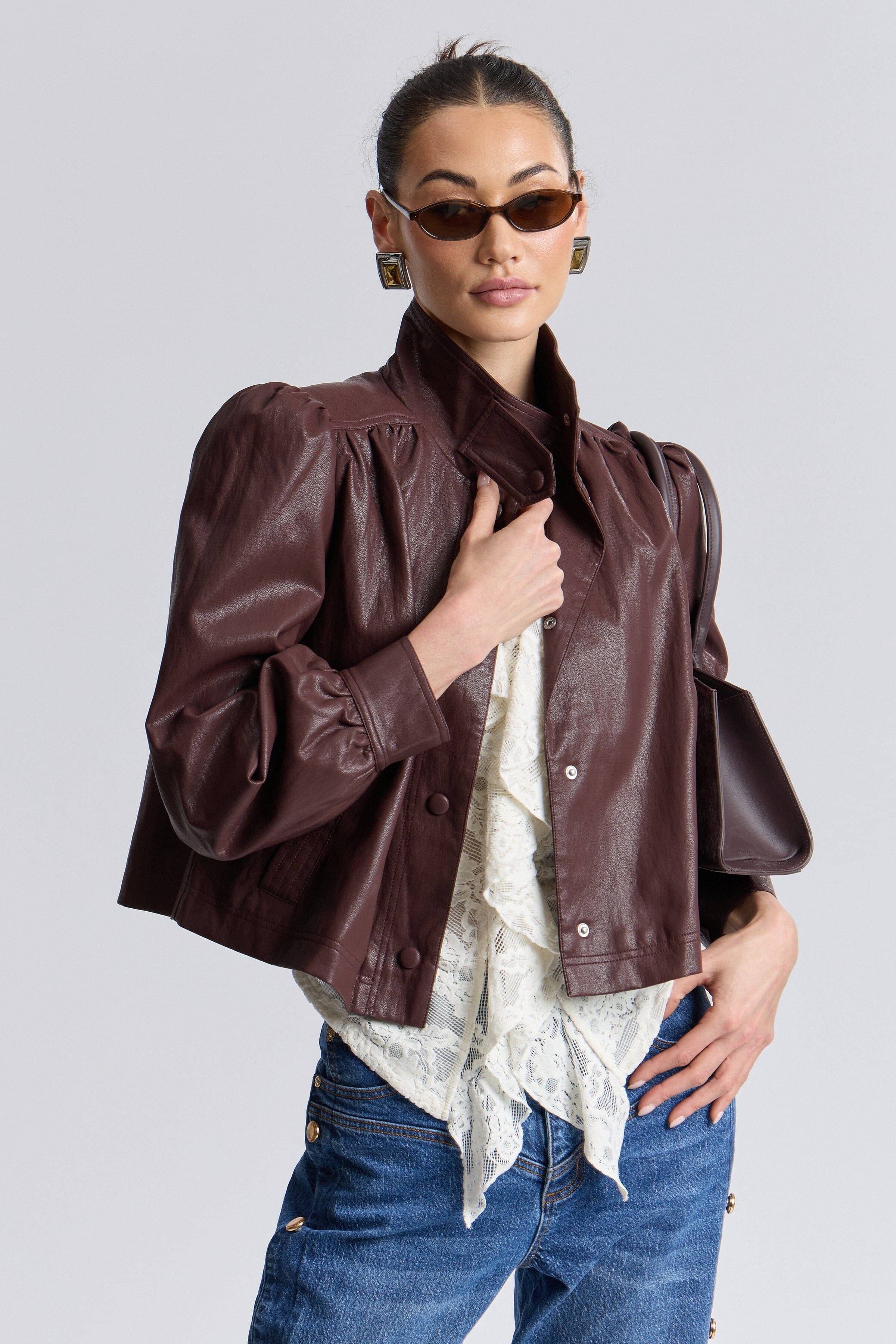 Puff-sleeve brown jacket faux leather with stand collar - Shop women's cute cropped jackets by Avec Les Filles.
