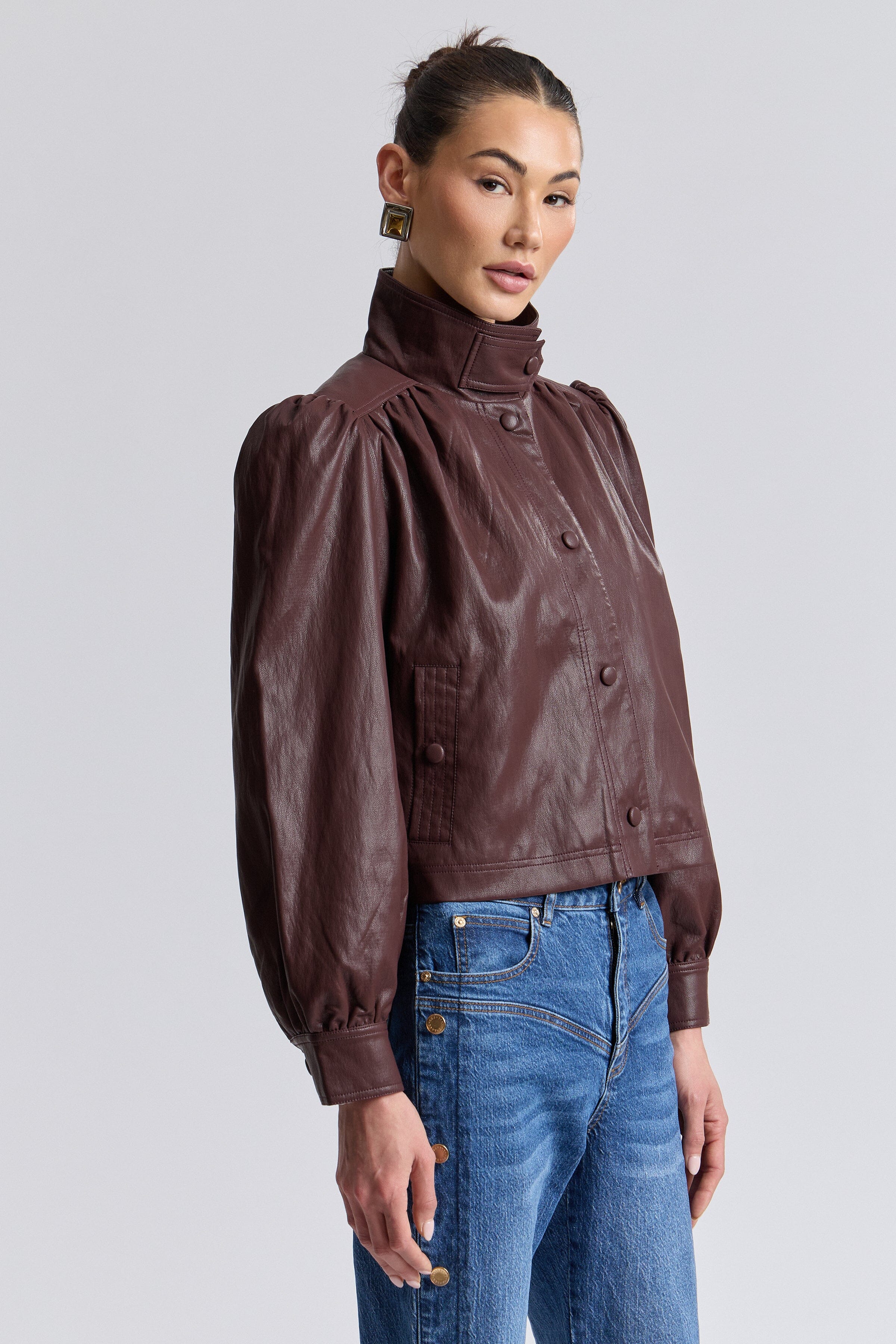 Puff-sleeve faux leather crop jacket brown with stand collar - Shop women's cropped jackets by Avec Les Filles.