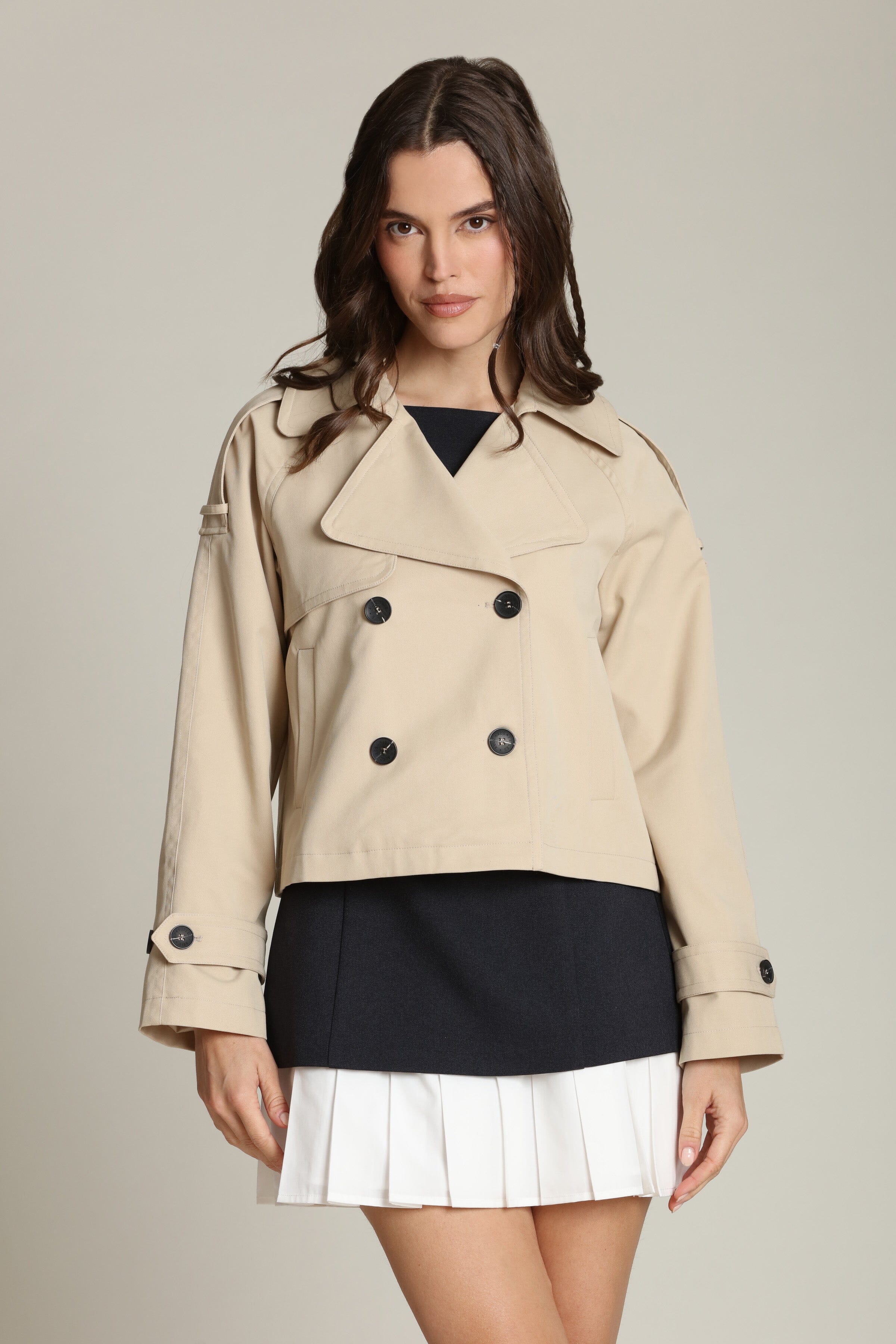 Cotton-blend cropped double-breasted beige trench coat with long sleeves and adjustable buttoned cuffs - Shop women’s trench coats & jackets by Avec Les Filles