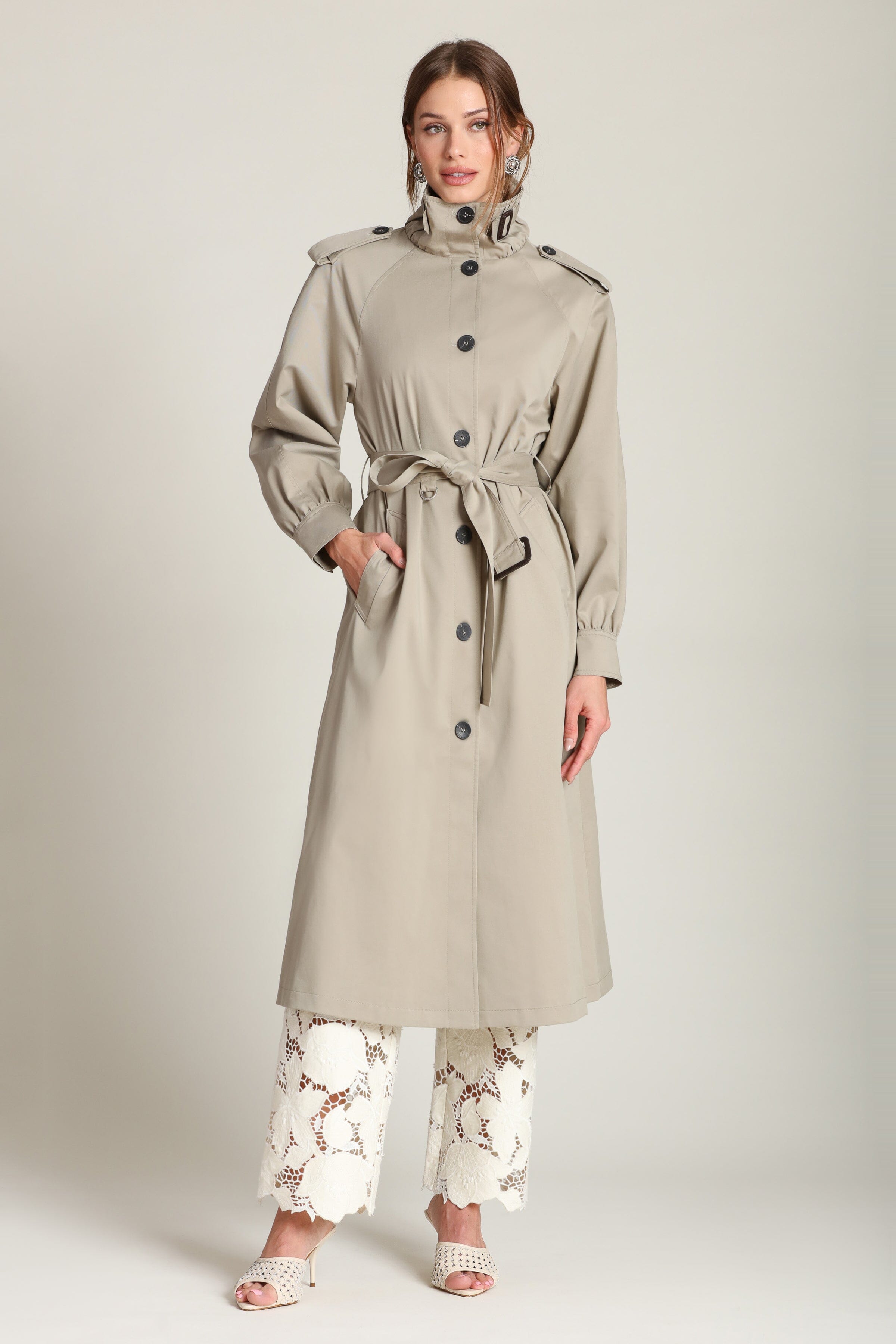 Cotton-blend utility button-front trench coat with a removable self-tie belt and raglan sleeves by Avec Les Filles