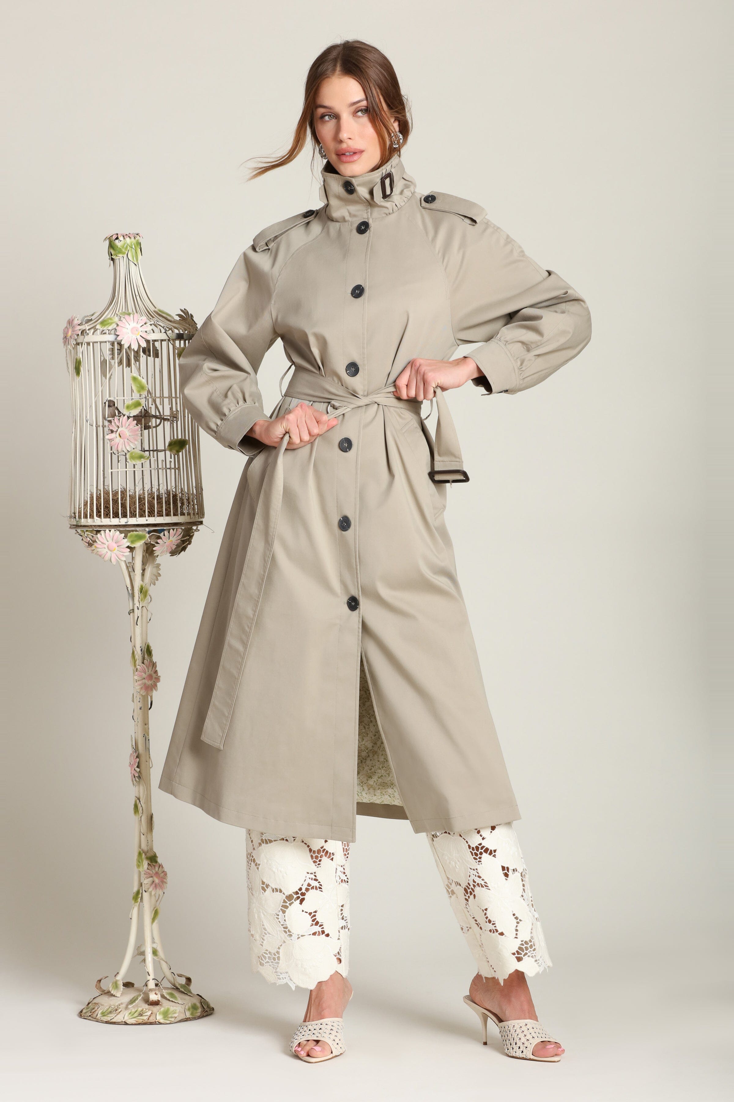 Cotton-blend utility button-front trench coat with a removable self-tie belt and raglan sleeves - Shop designer cute trench coats by Avec Les Filles