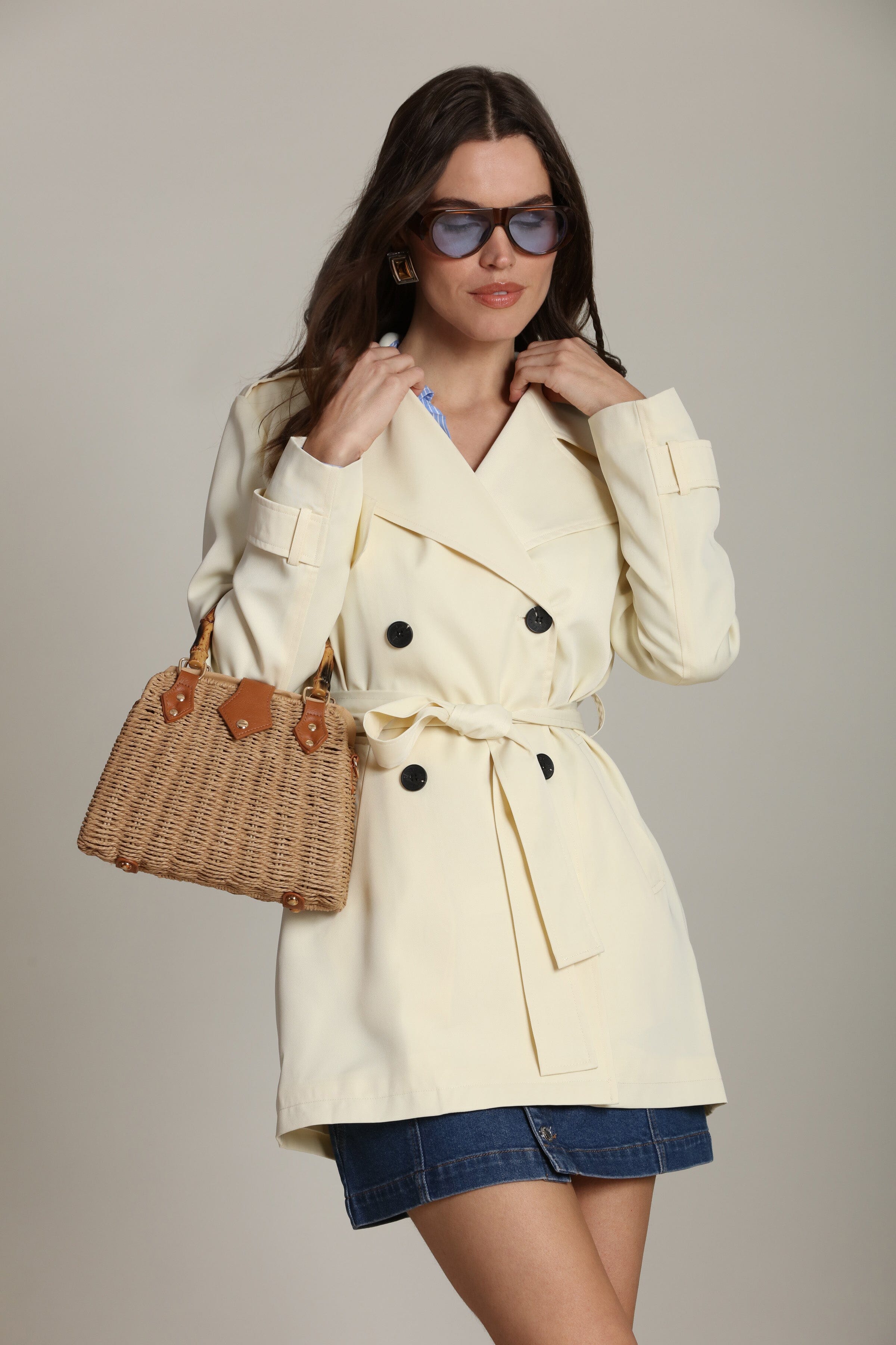 Beige double-breasted front trench coat with an adjustable self-tie belt and long sleeves - Shop designer trench coats by Avec Les Filles