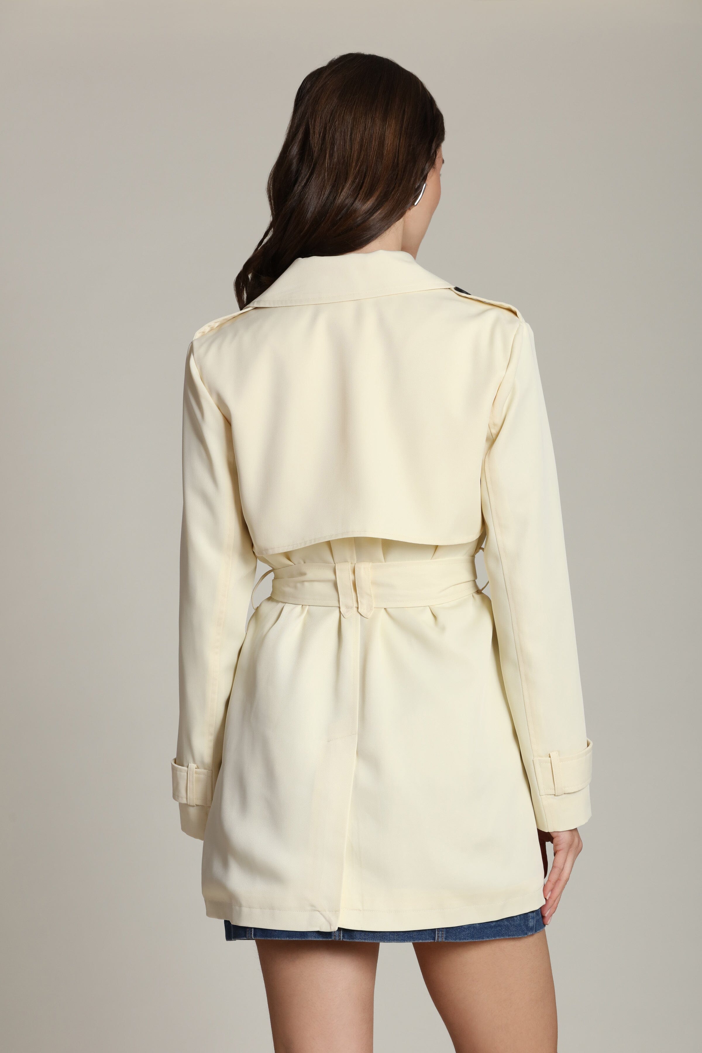 Beige double-breasted front trench coat with an adjustable self-tie belt and long sleeves - Shop designer trench coats by Avec Les Filles