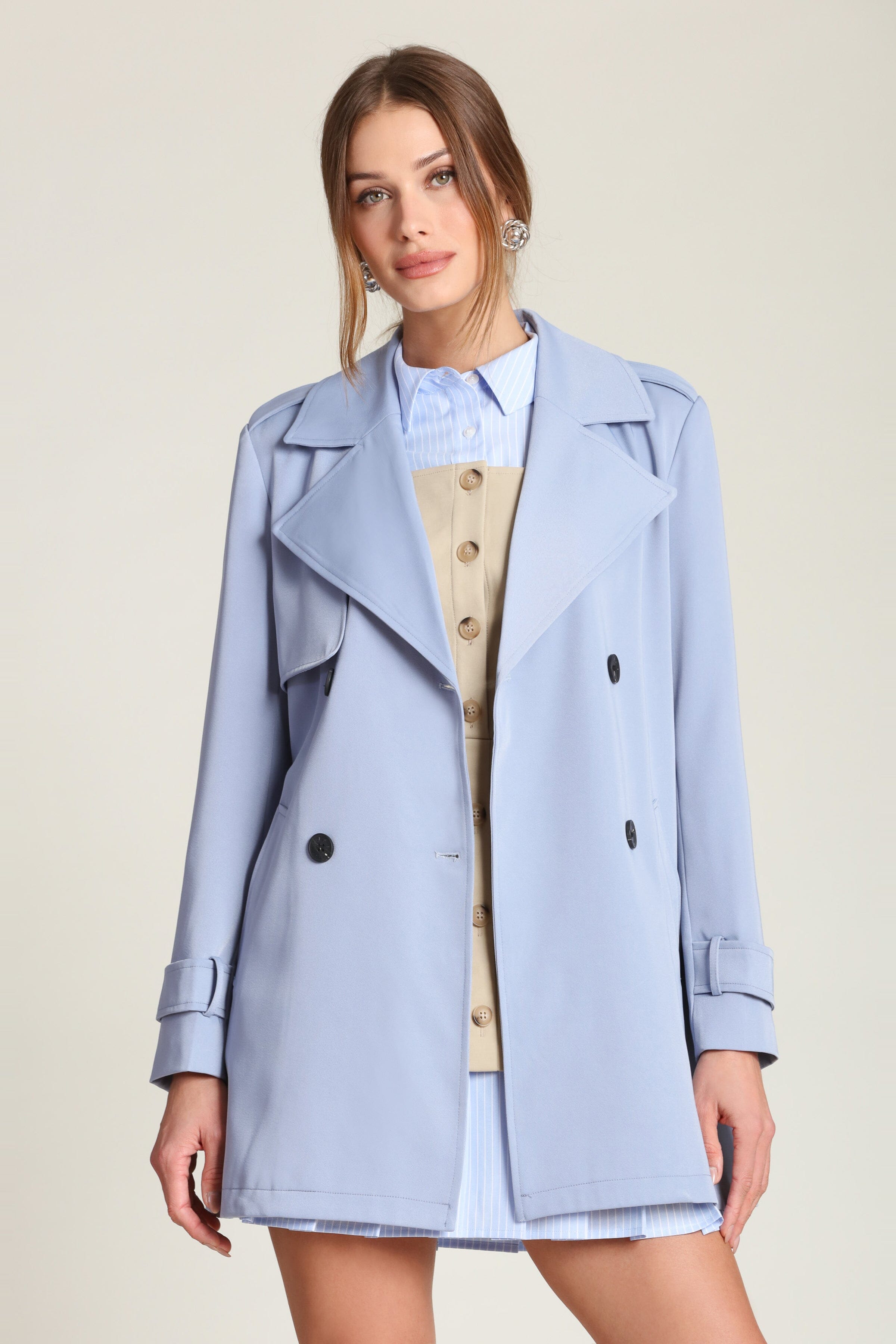 Blue Bell double-breasted front trench coat with an adjustable self-tie belt and long sleeves - Shop designer women's trench coats by Avec Les Filles