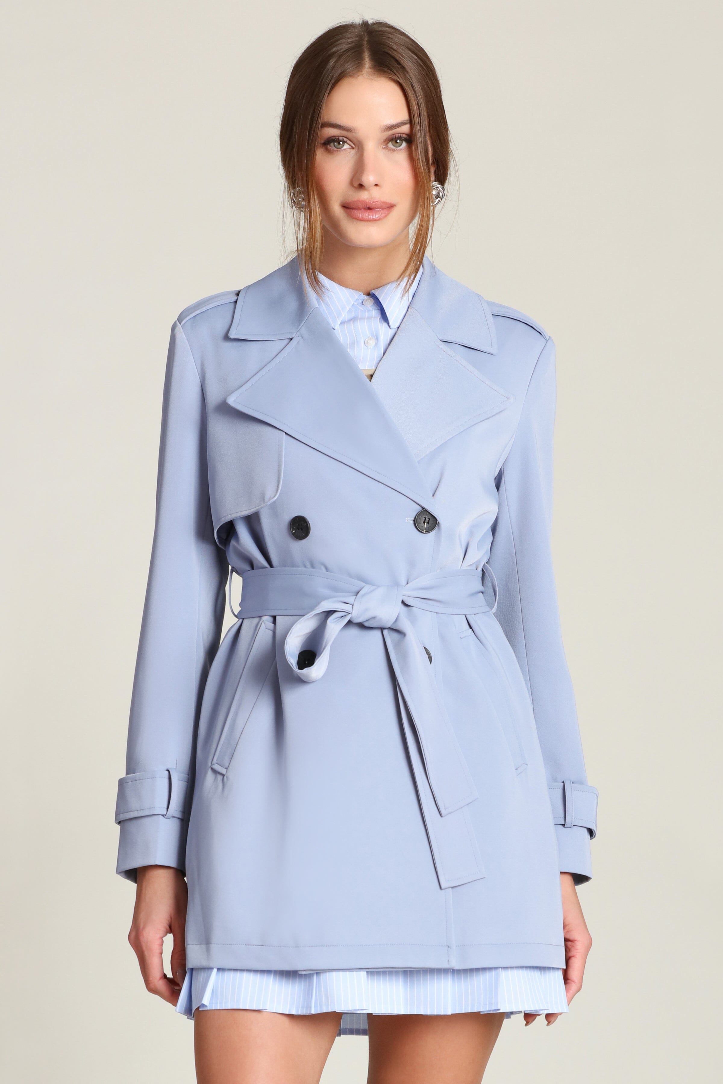 Blue Bell double-breasted front trench coat with an adjustable self-tie belt and long sleeves - Shop designer women's trench coats by Avec Les Filles