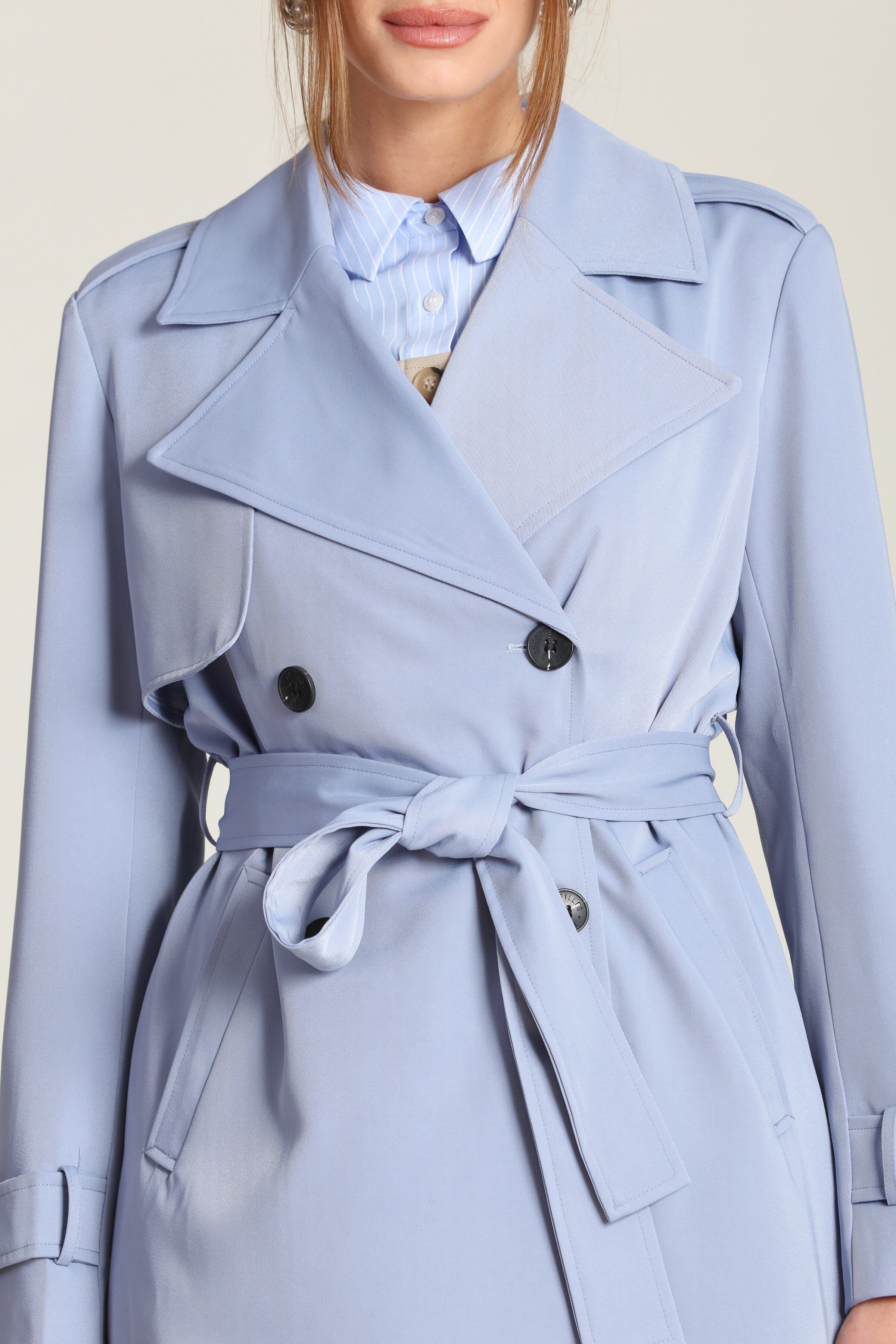 Blue Bell double-breasted front trench coat with an adjustable self-tie belt and long sleeves - Shop designer women's trench coats by Avec Les Filles