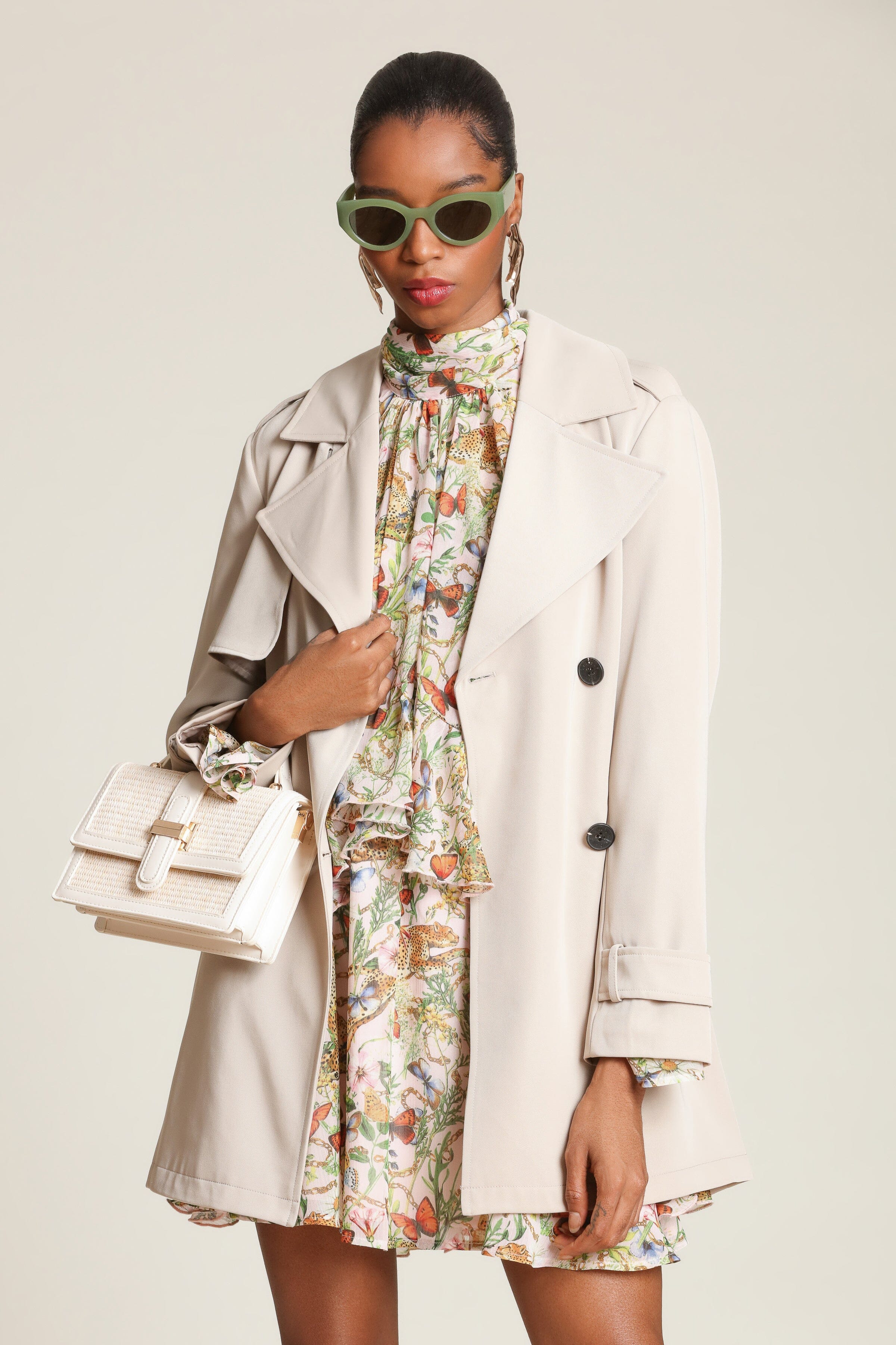Sandstone double-breasted front trench coat with an adjustable self-tie belt and long sleeves - Shop designer trench coats by Avec Les Filles