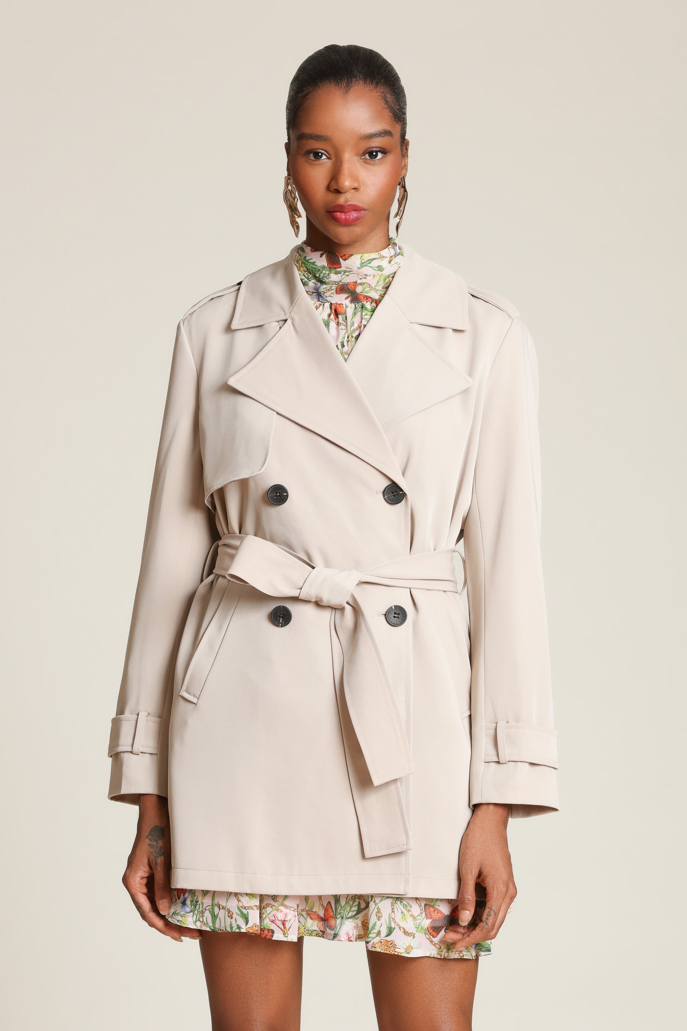 Sandstone double-breasted front trench coat with an adjustable self-tie belt and long sleeves - Shop designer trench coats by Avec Les Filles