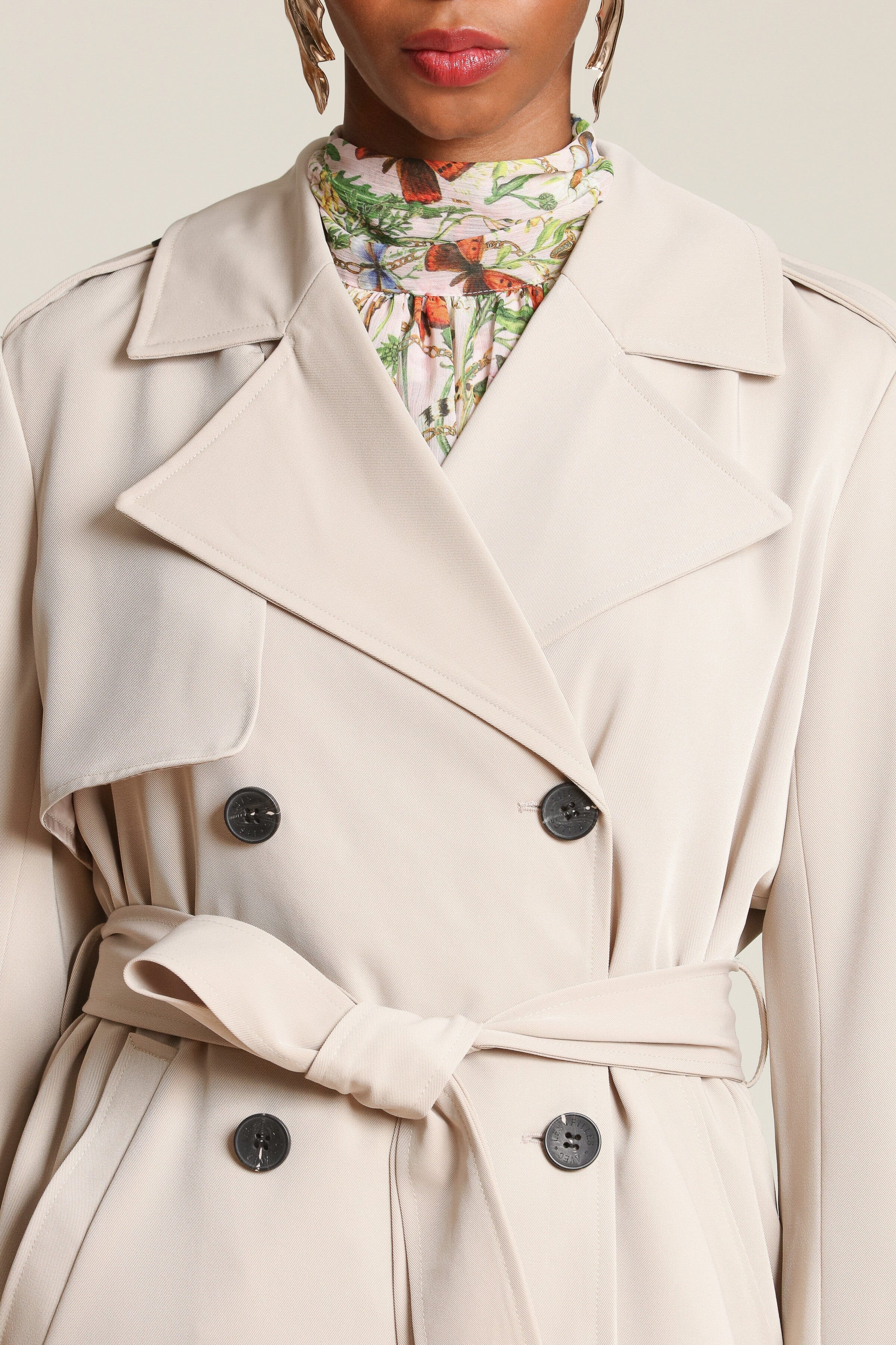 Sandstone double-breasted front trench coat with an adjustable self-tie belt and long sleeves - Shop designer trench coats by Avec Les Filles