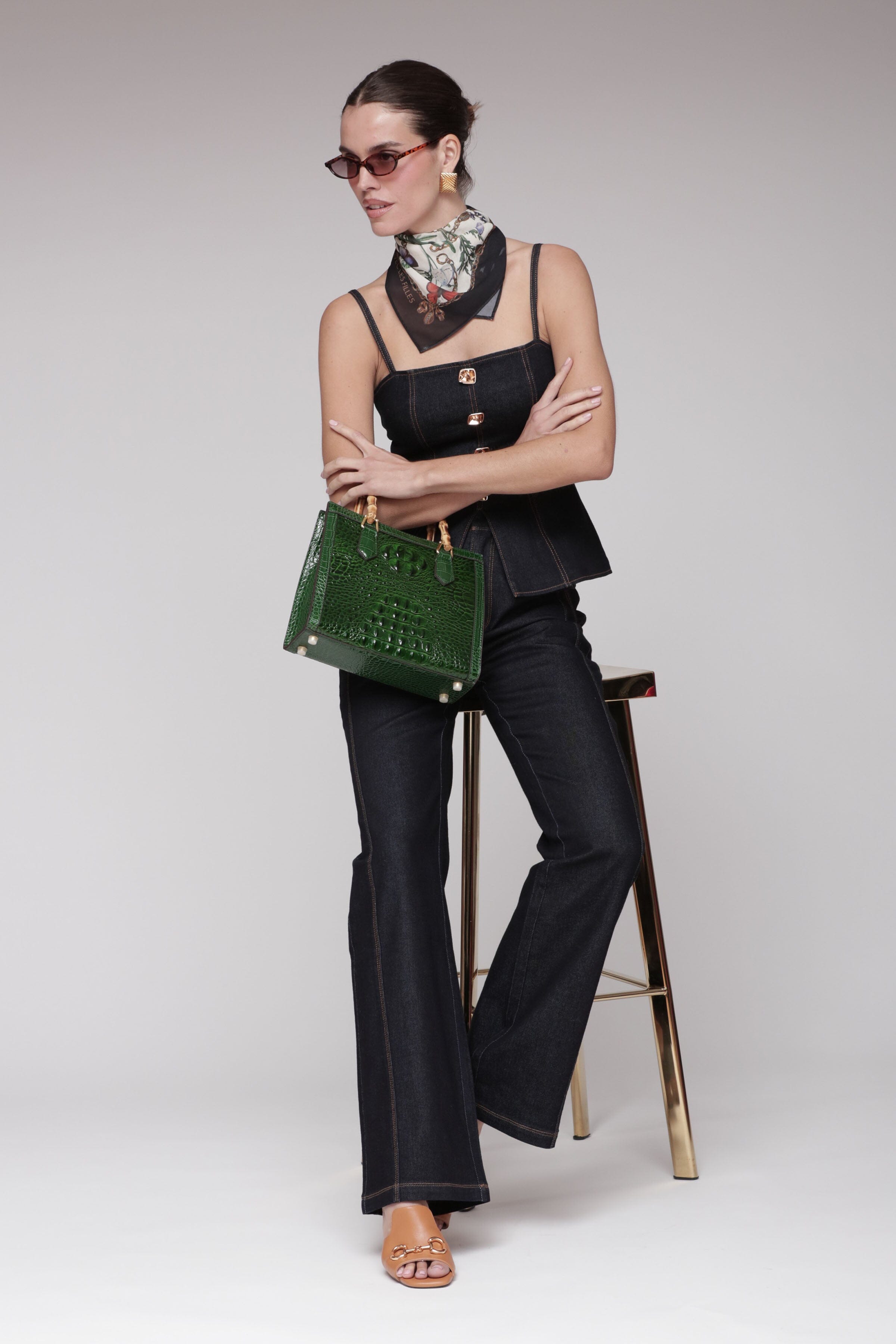 Contrast seam flare cotton denim dark indigo blue jeans with a high-rise waist and five pockets - Shop designer women's jeans pants by Avec Les Filles