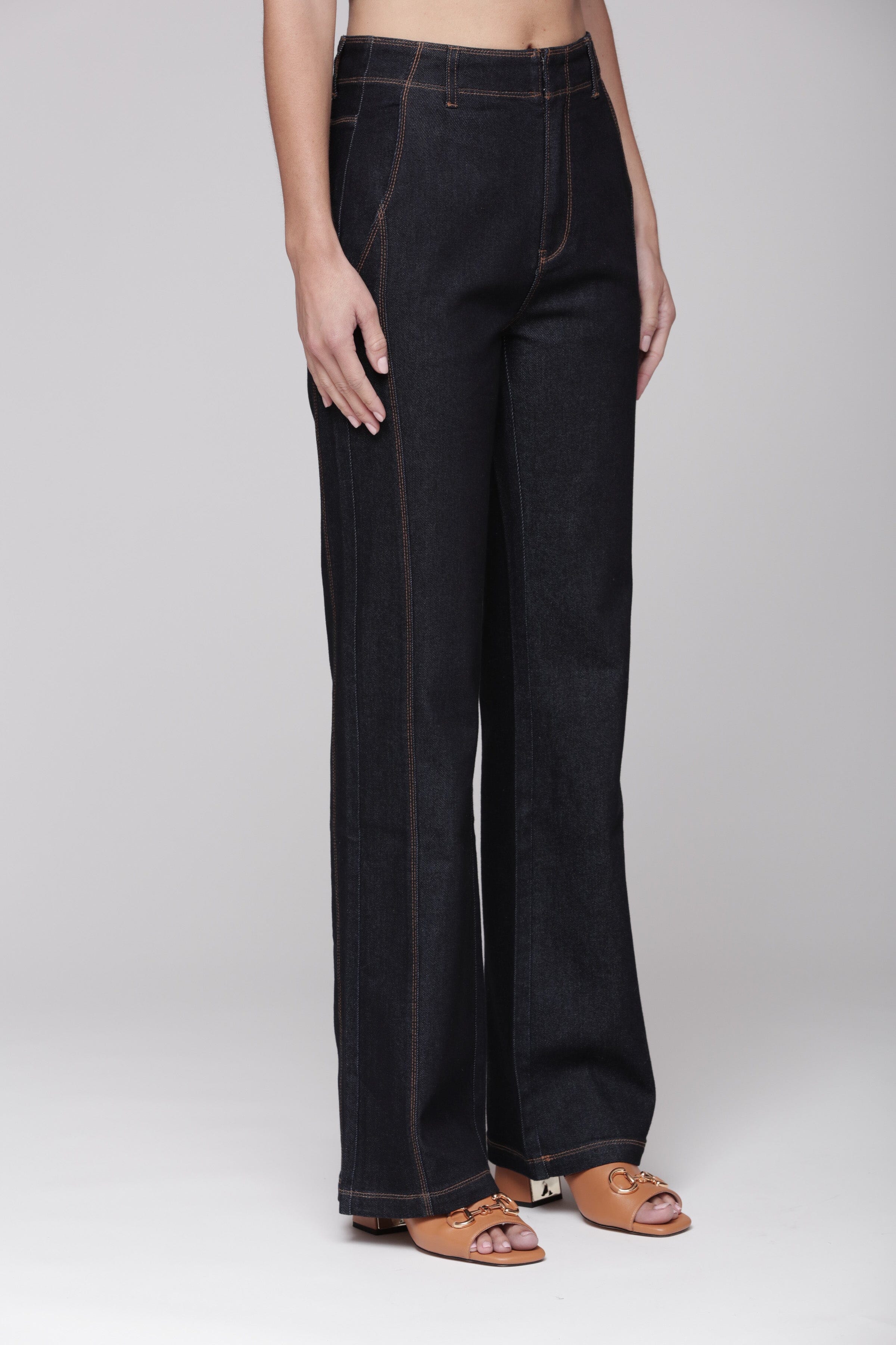 Contrast seam flare cotton denim dark indigo blue jeans with a high-rise waist and five pockets - Shop designer women's jeans pants by Avec Les Filles