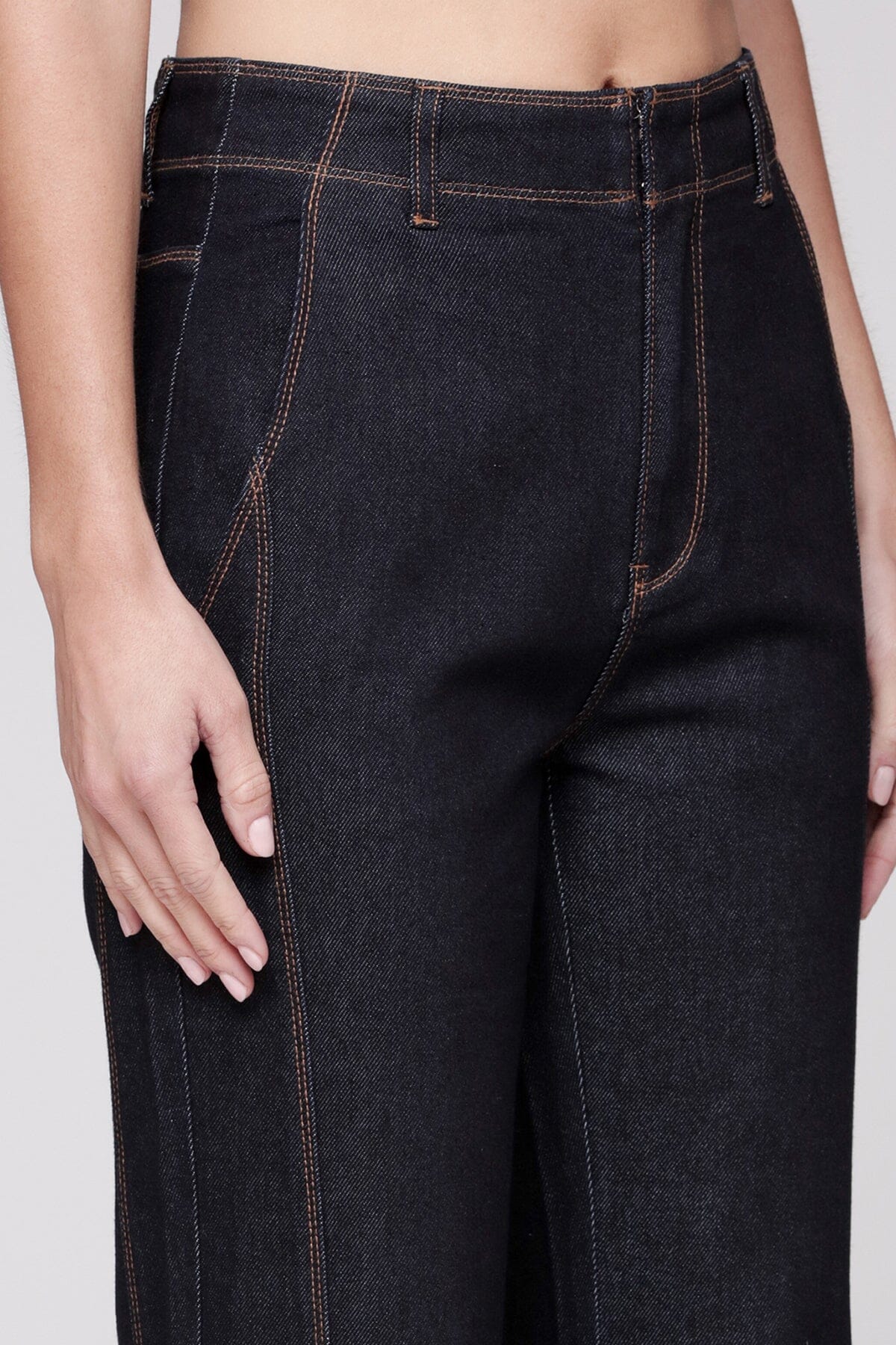Contrast seam flare cotton denim dark indigo blue jeans with a high-rise waist and five pockets - Shop designer women's jeans pants by Avec Les Filles