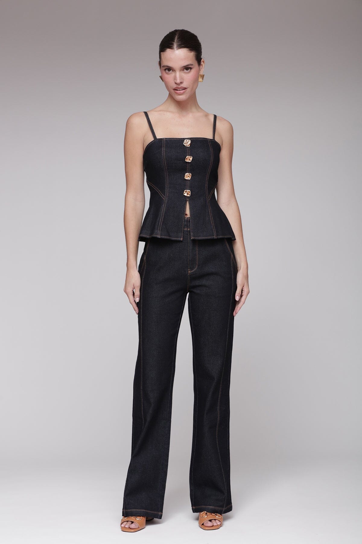 Contrast seam flare cotton denim dark indigo blue jeans with a high-rise waist and five pockets - Shop designer women's jeans pants by Avec Les Filles