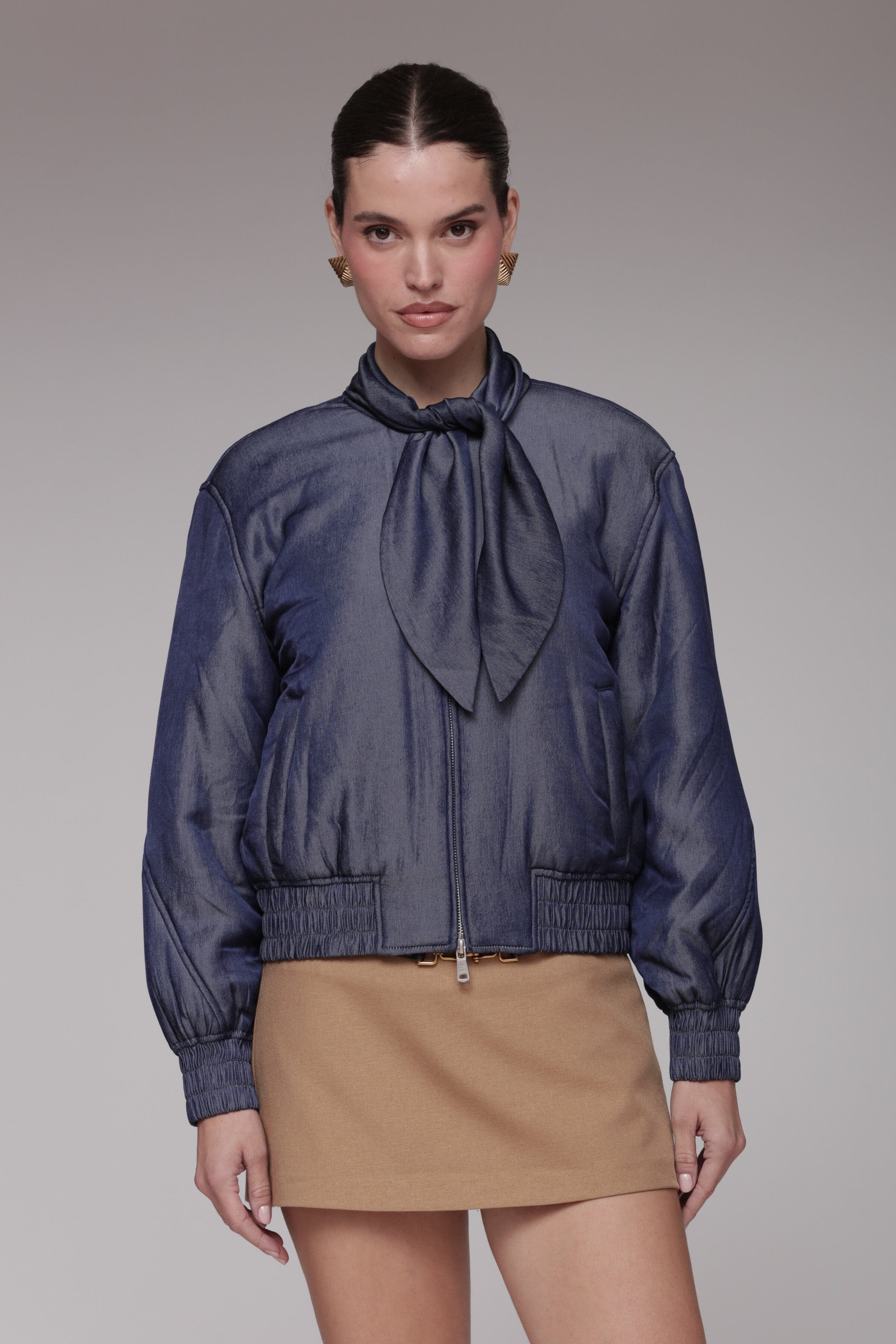 Scarf tie chambray navy blue bomber jacket with gathered puff sleeves and ruched hem - Shop designer women's jackets by Avec Les Filles