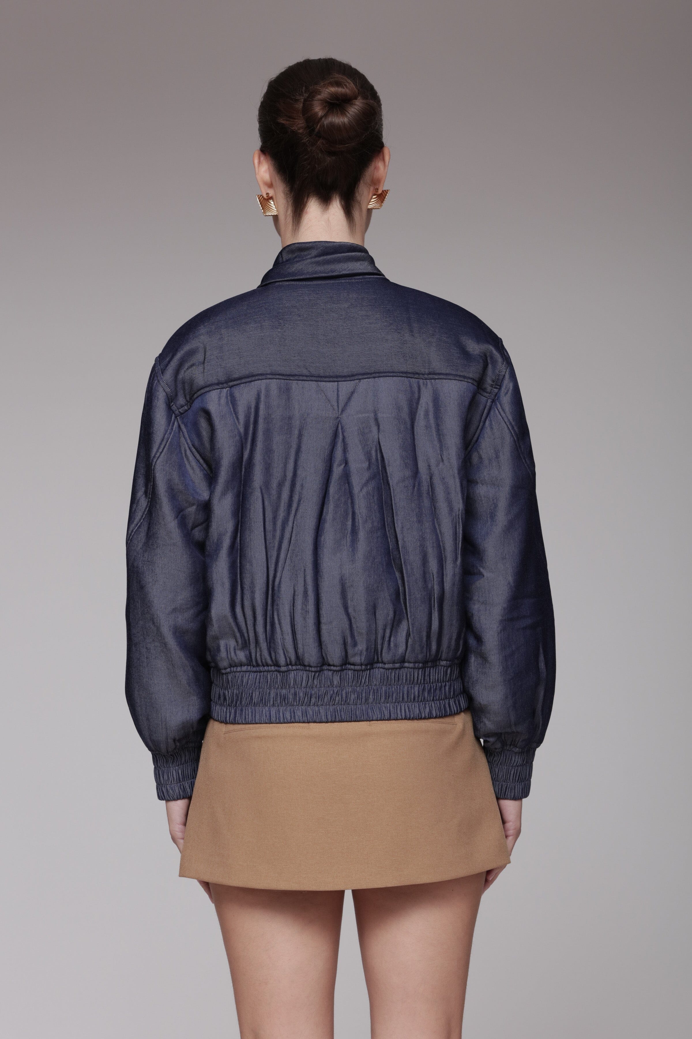 Scarf tie chambray navy blue bomber jacket with gathered puff sleeves and ruched hem - Shop designer women's jackets by Avec Les Filles