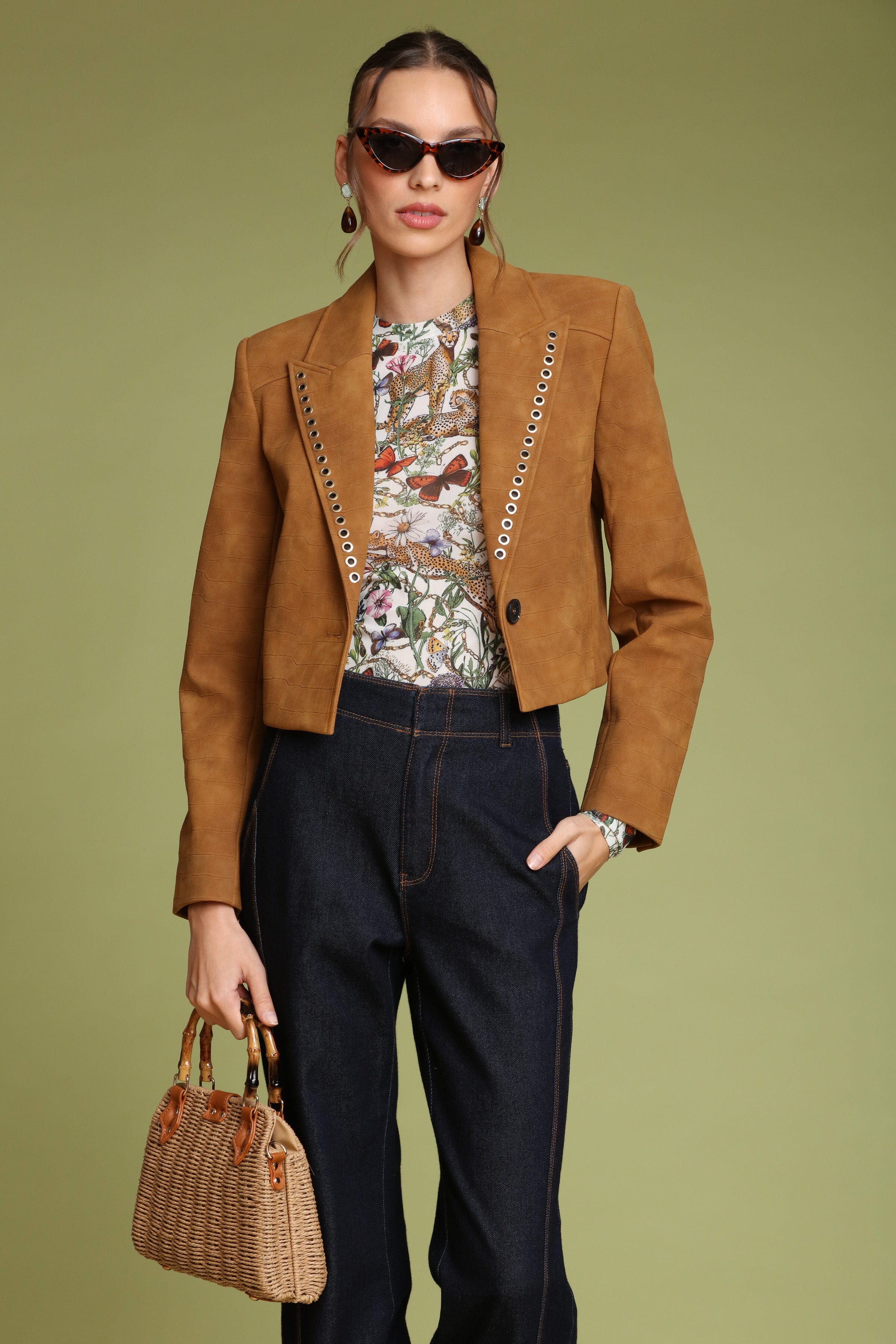 Grommet trim faux croc cropped single-button front brown blazer with notched collar and long sleeves - Shop designer women's blazers by Avec Les Filles