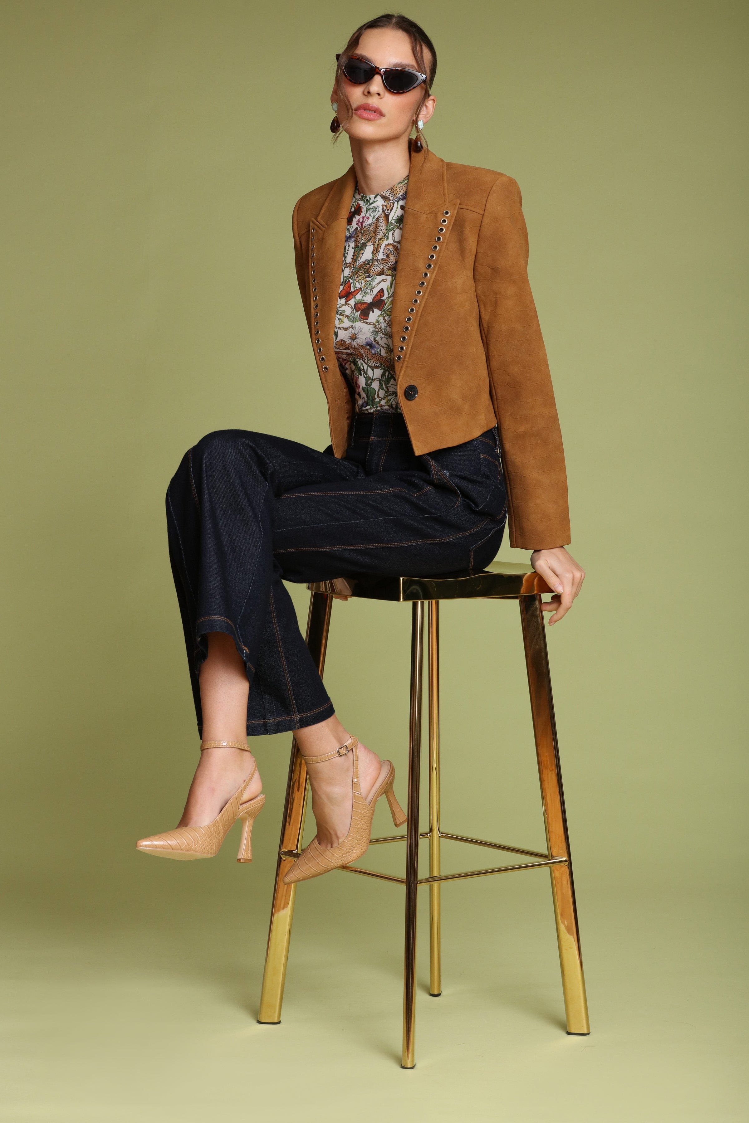 Grommet trim faux croc cropped single-button front brown blazer with notched collar and long sleeves - Shop designer women's blazers by Avec Les Filles