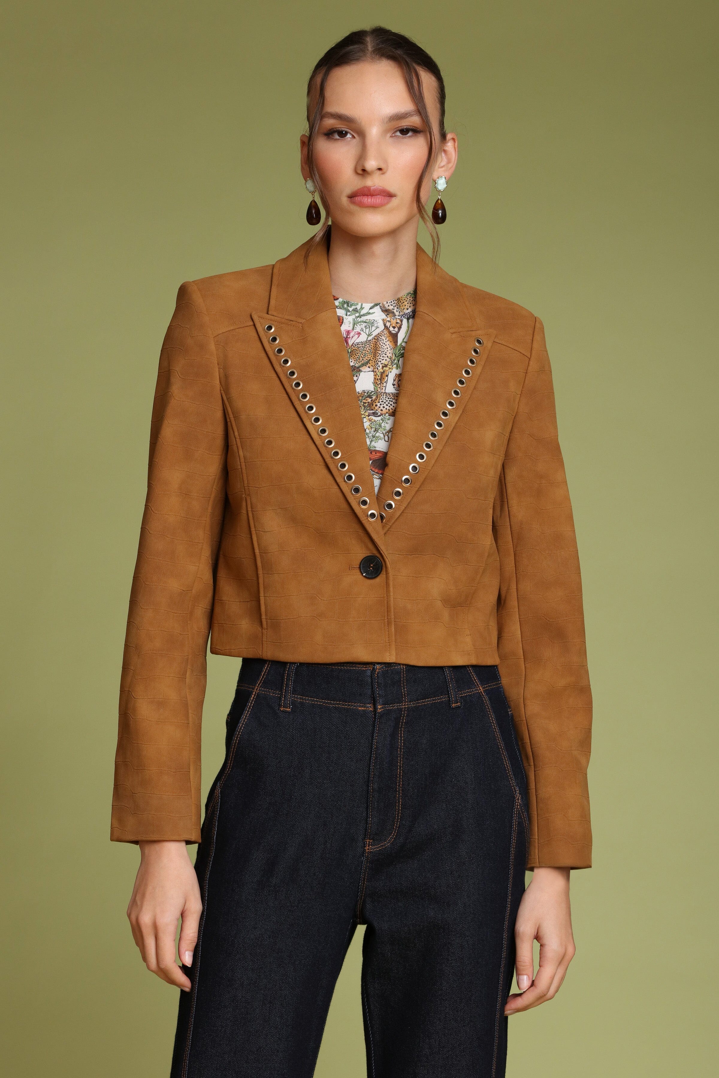Grommet trim faux croc cropped single-button front brown blazer with notched collar and long sleeves - Shop designer women's blazers by Avec Les Filles