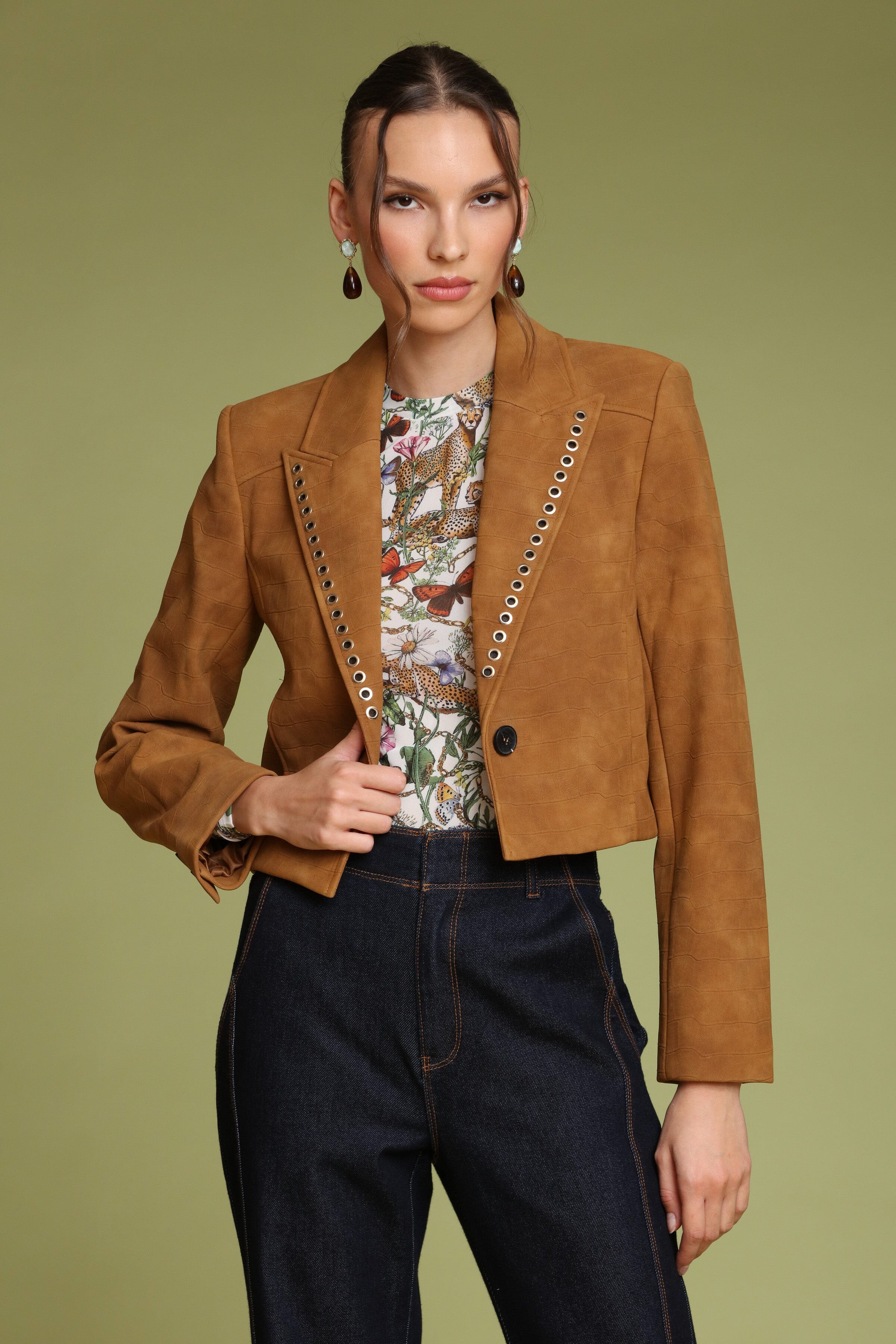 Grommet trim faux croc cropped single-button front brown blazer with notched collar and long sleeves - Shop designer women's blazers by Avec Les Filles