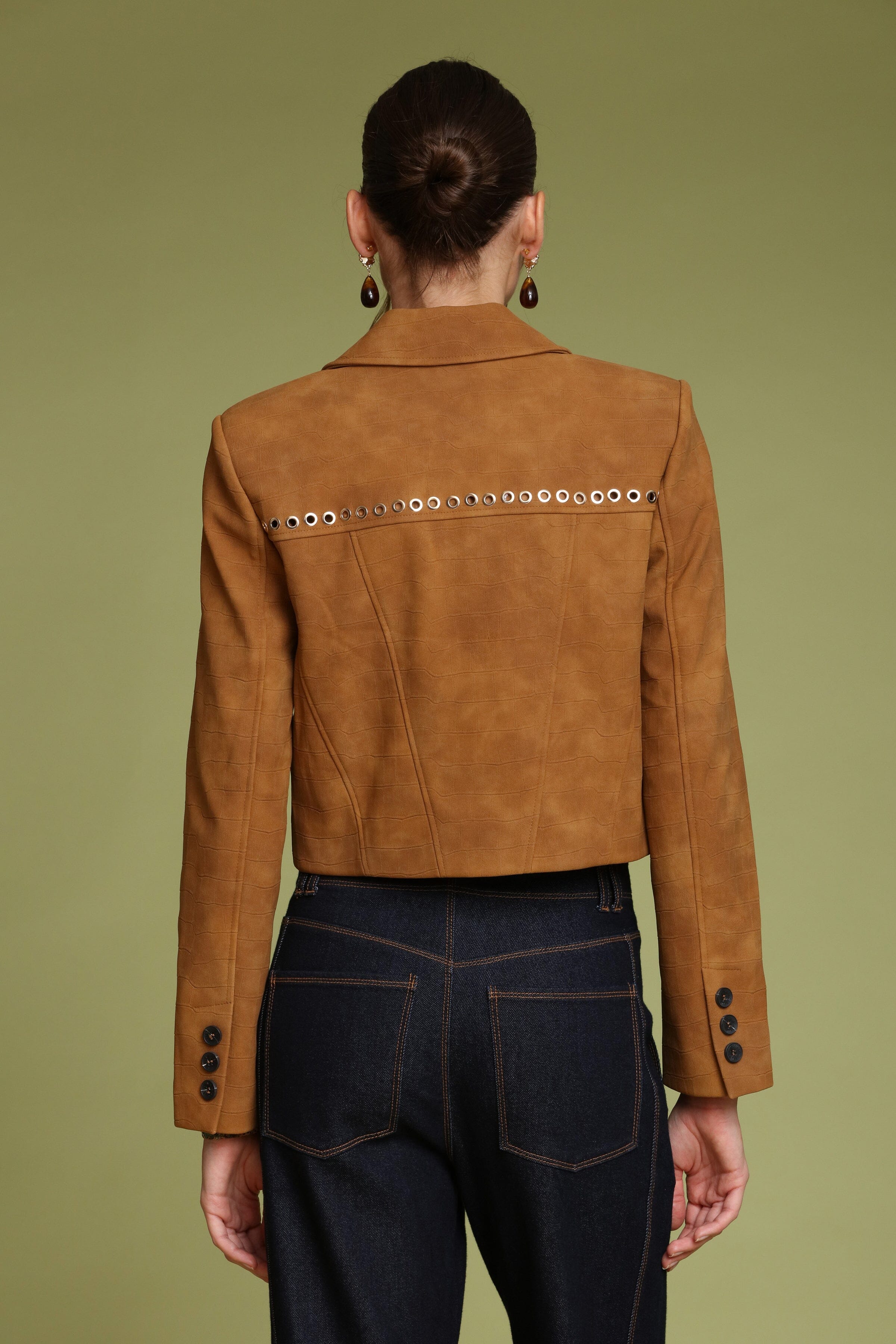 Grommet trim faux croc cropped single-button front brown blazer with notched collar and long sleeves - Shop designer women's blazers by Avec Les Filles