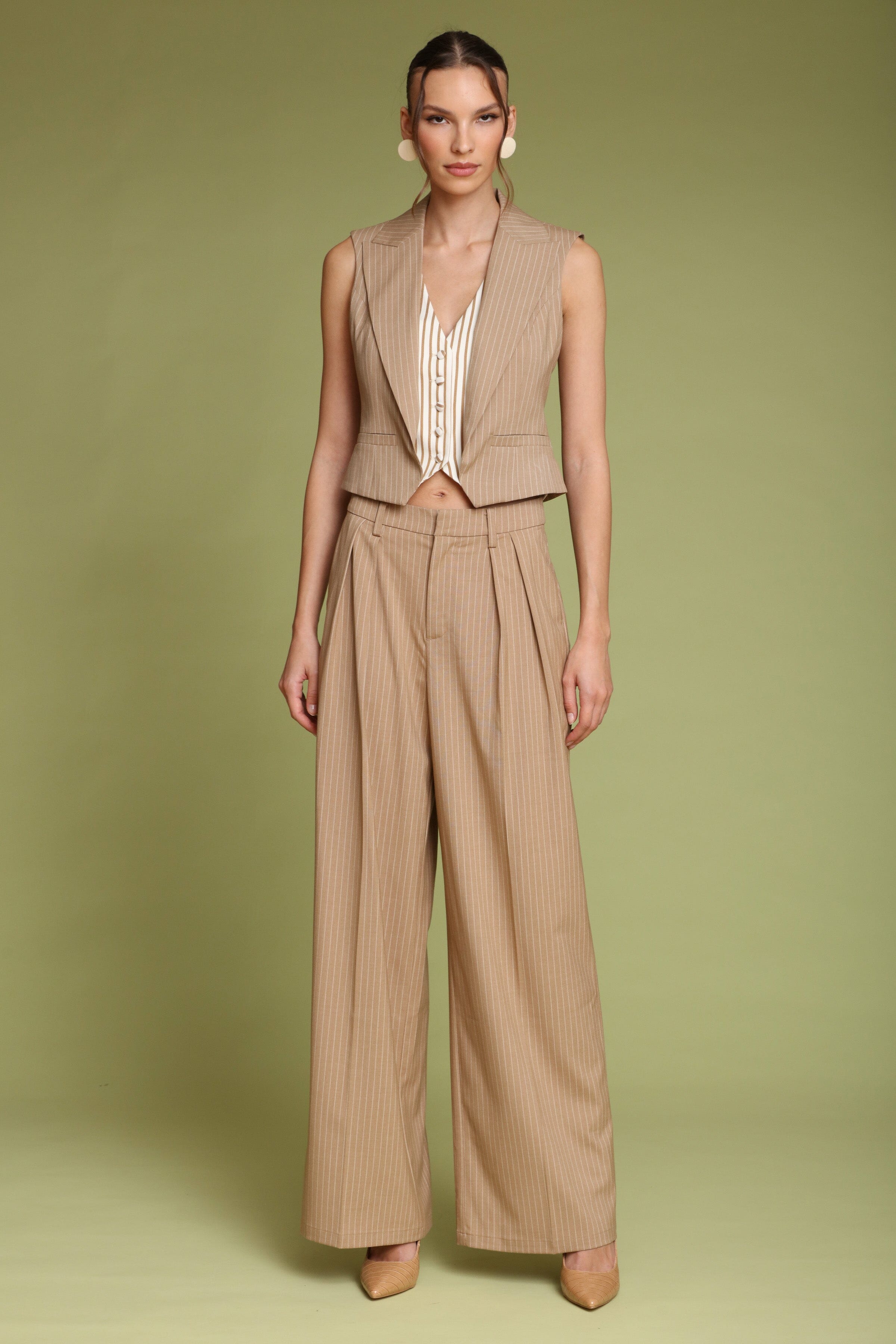 Pinstripe wide-leg camel trousers with front pleats, a high-rise waist, and faux welt pockets - Shop designer women’s trousers by Avec Les Filles