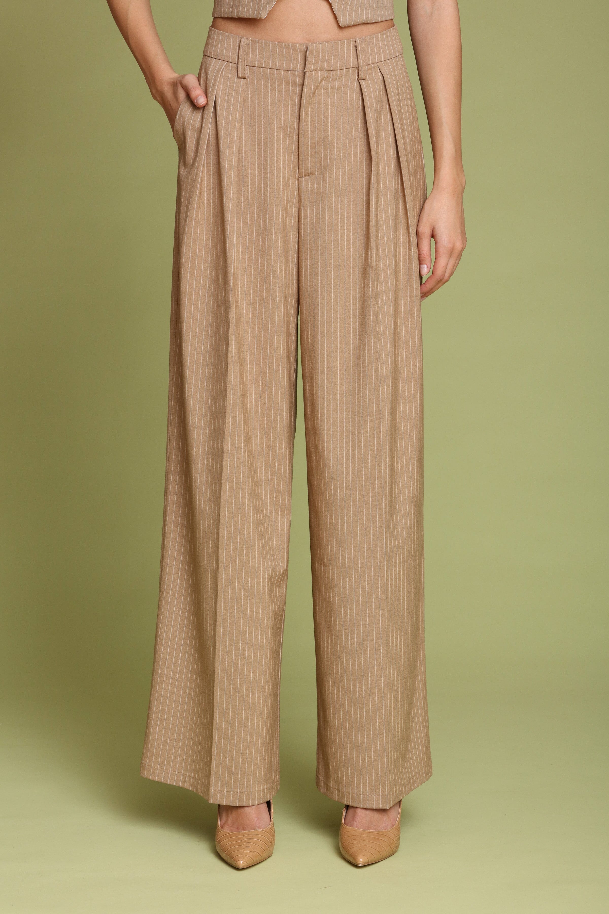 Pinstripe wide-leg camel trousers with front pleats, a high-rise waist, and faux welt pockets - Shop designer women’s trousers by Avec Les Filles
