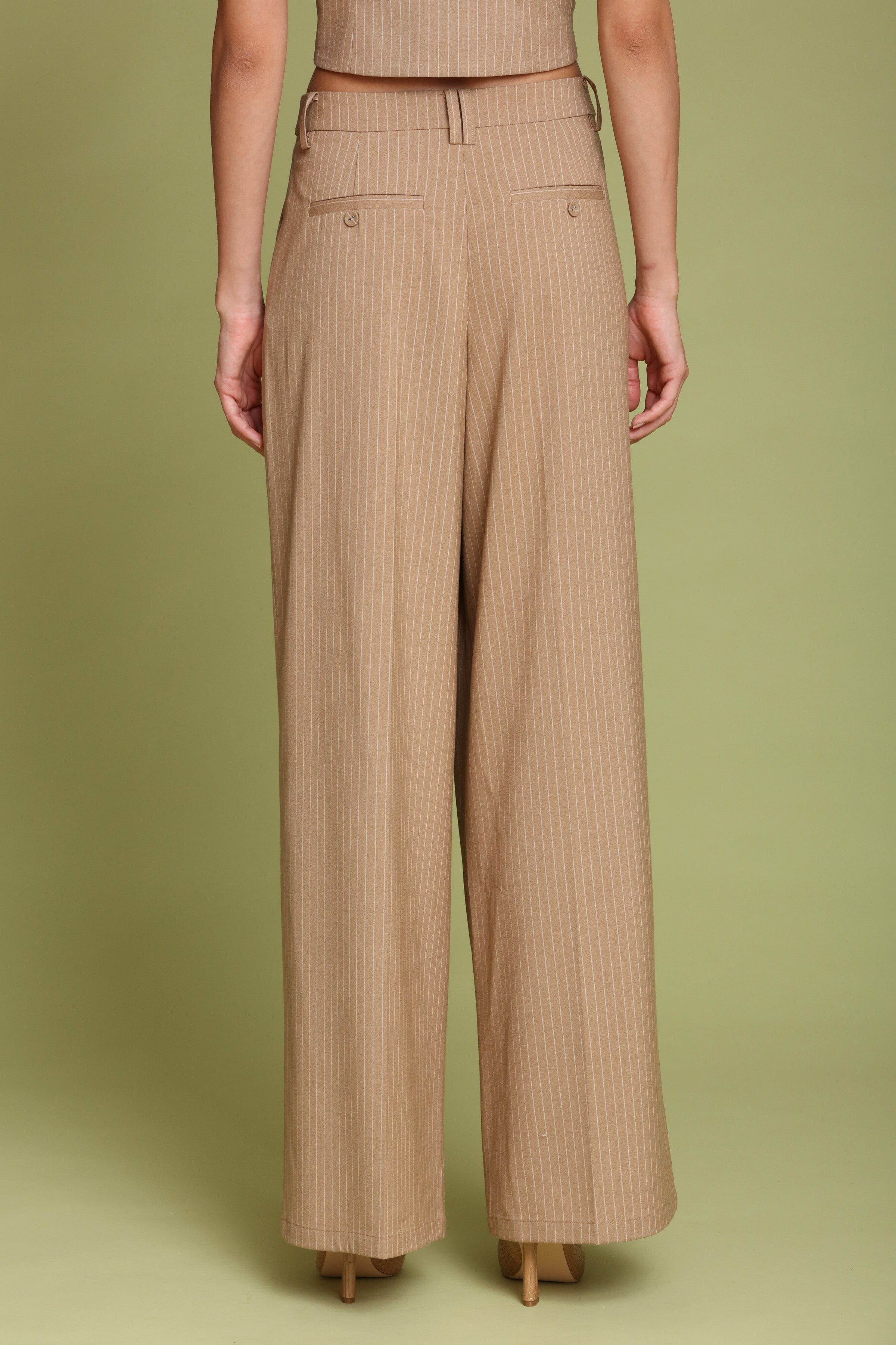 Pinstripe wide-leg camel trousers with front pleats, a high-rise waist, and faux welt pockets - Shop designer women’s trousers by Avec Les Filles
