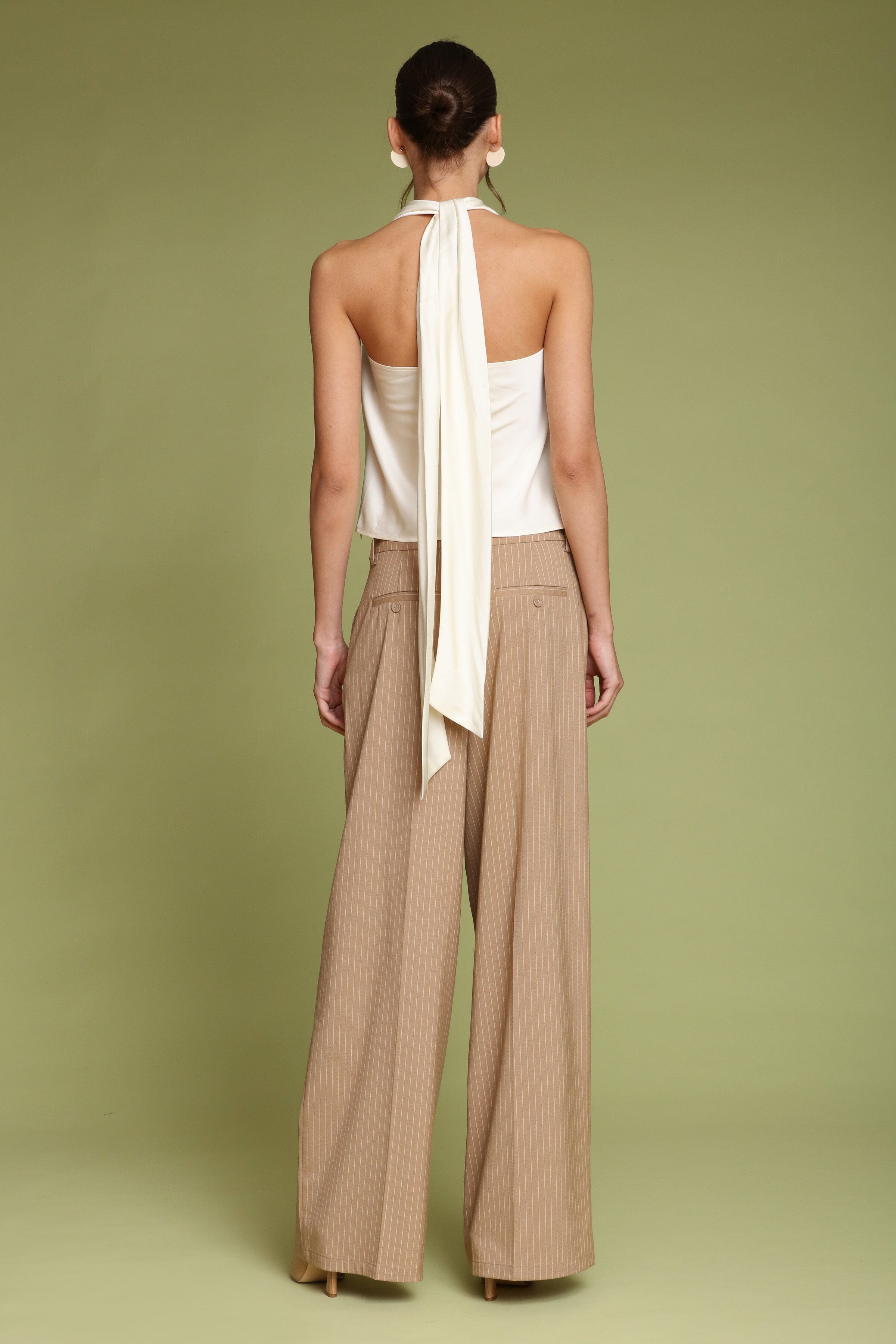 Ivory satin scarf tie halter top with soft cowl neckline and cutaway sleeveless - Shop designer women's halter tops by Avec Les Filles