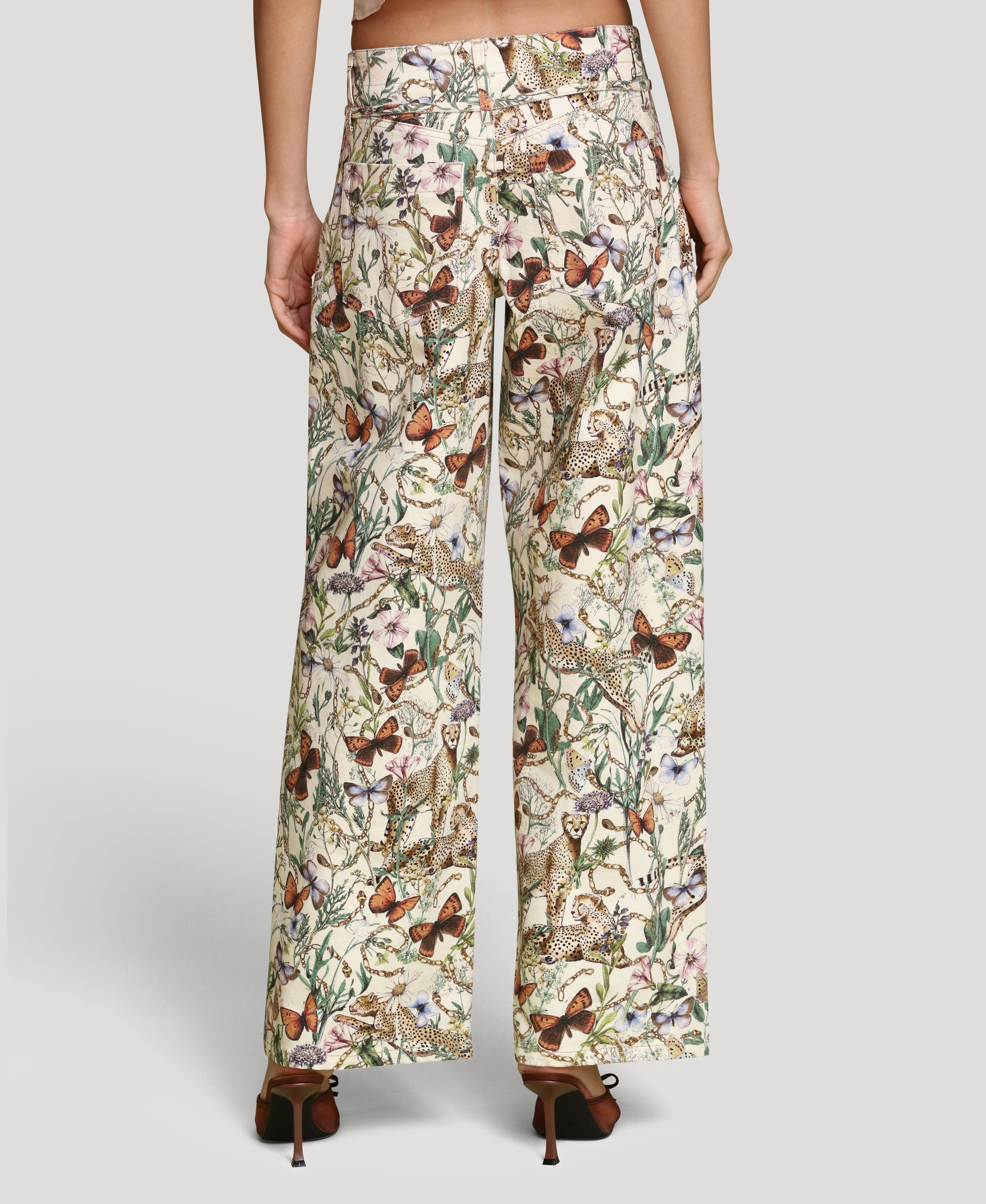 Botanical print cotton wide-leg and high-rise multicolor pant in cotton blend with an attached self-belt - Shop designer pants by Avec Les Filles