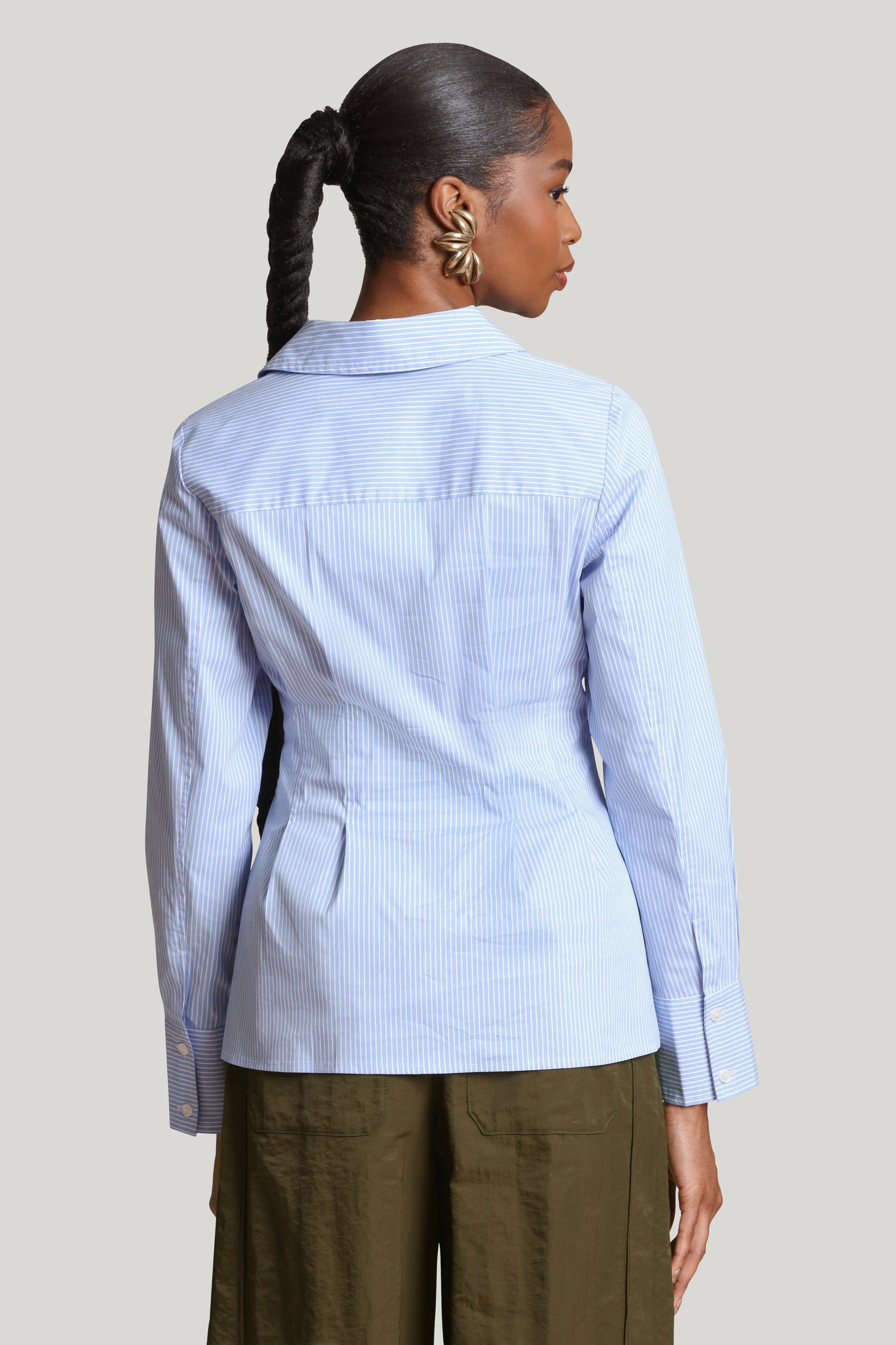 Cinch waist blue white cotton pinstripe button-up shirt by Avec Les Filles