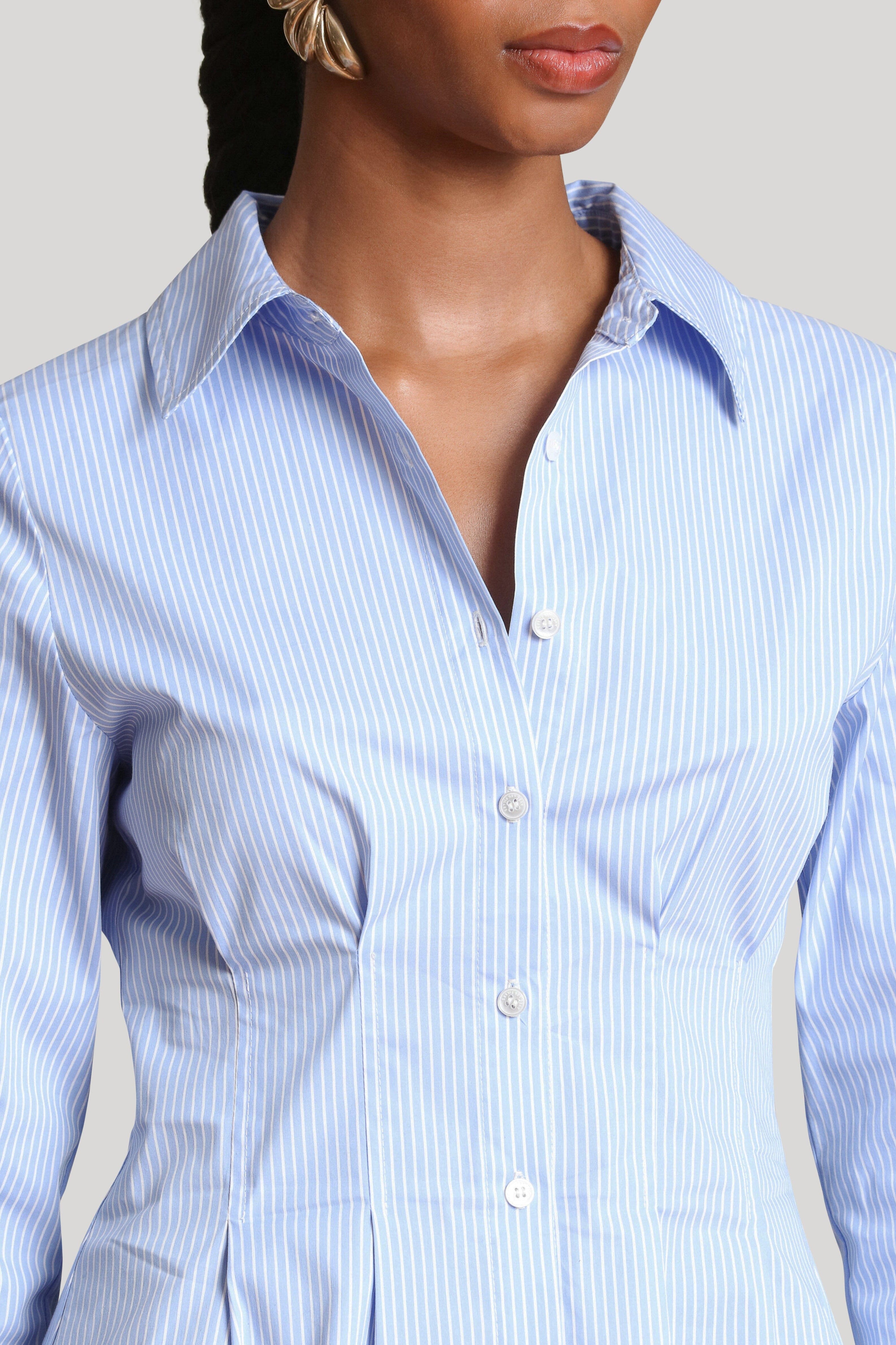 Cinch waist blue white cotton pinstripe shirt with a button-front - Shop women's designer shirts by Avec Les Filles