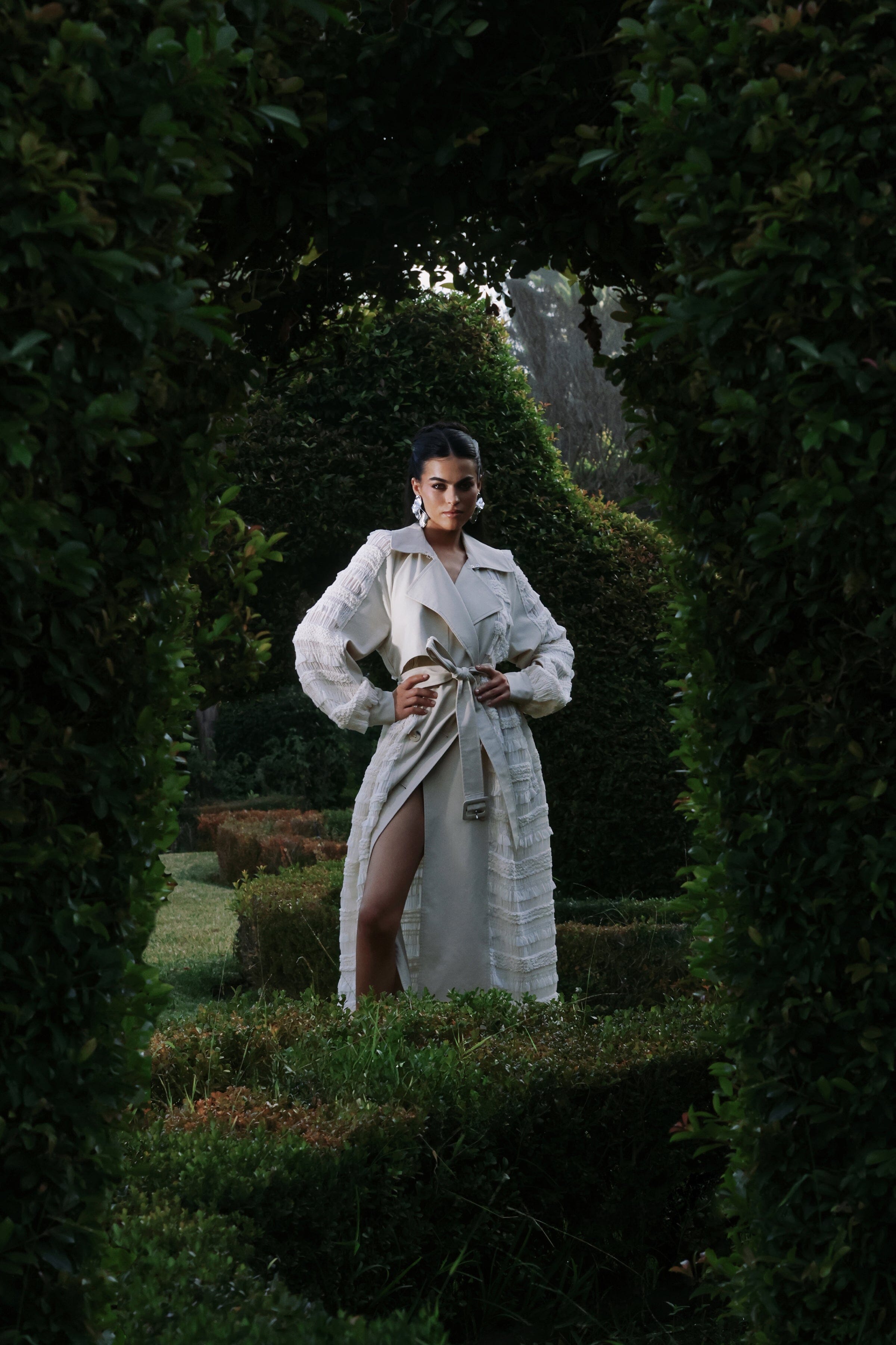 Mixed media double-breasted off-white trench coat with a removable self-tie belt by Avec Les Filles