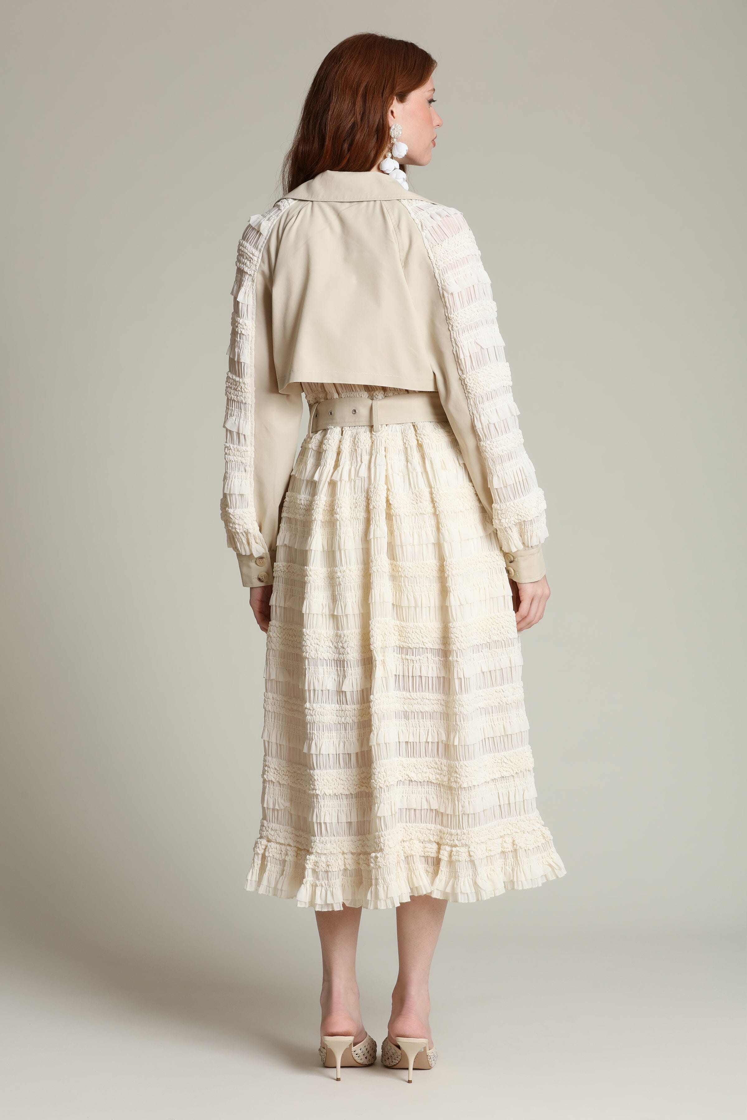 Mixed media off-white trench coat with a removable self-tie belt and a chiffon ruffle panelling by Avec Les Filles