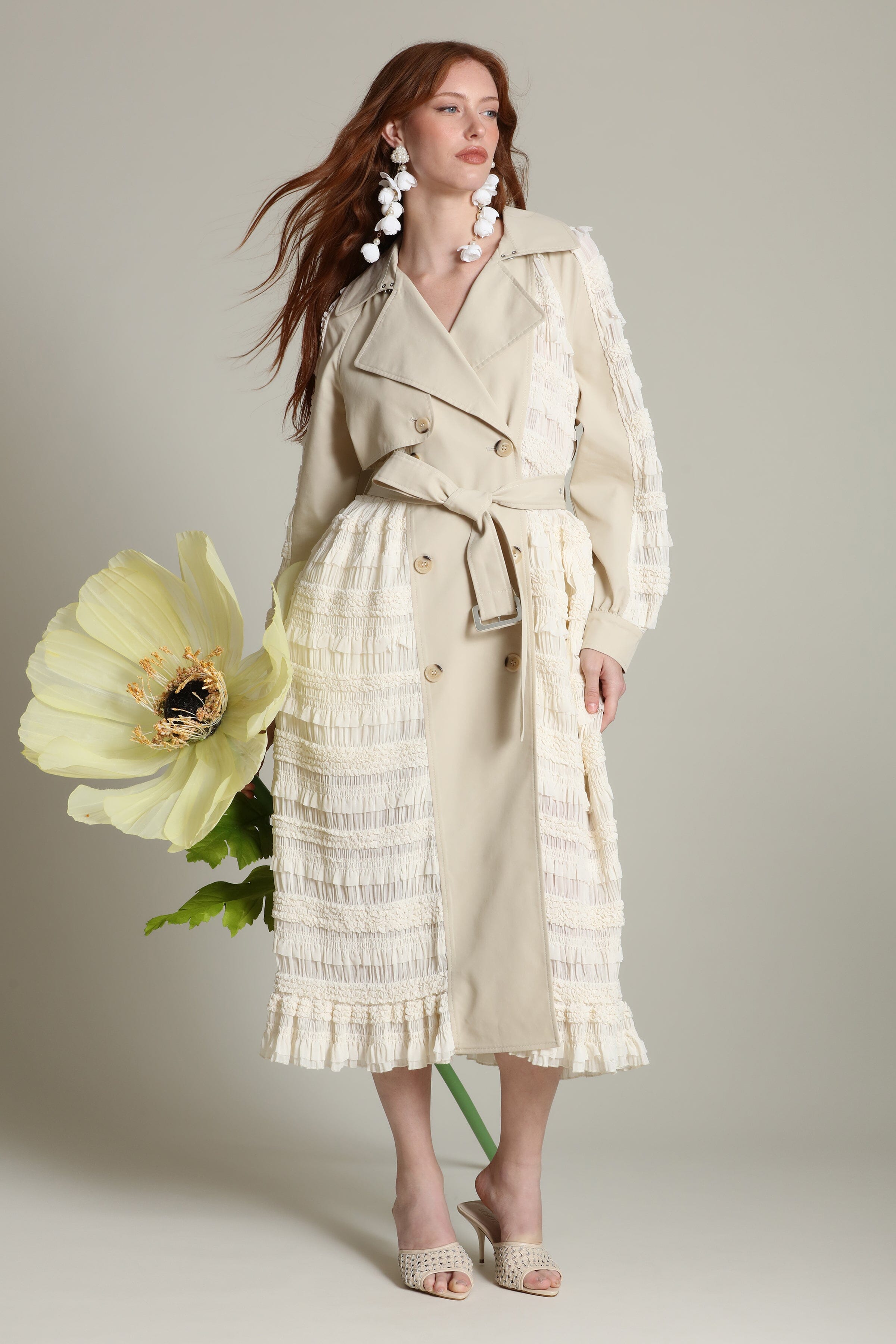 Beige trench coat with  self-tie belt and chiffon ruffles - Women's cute trench coats by Avec Les Filles