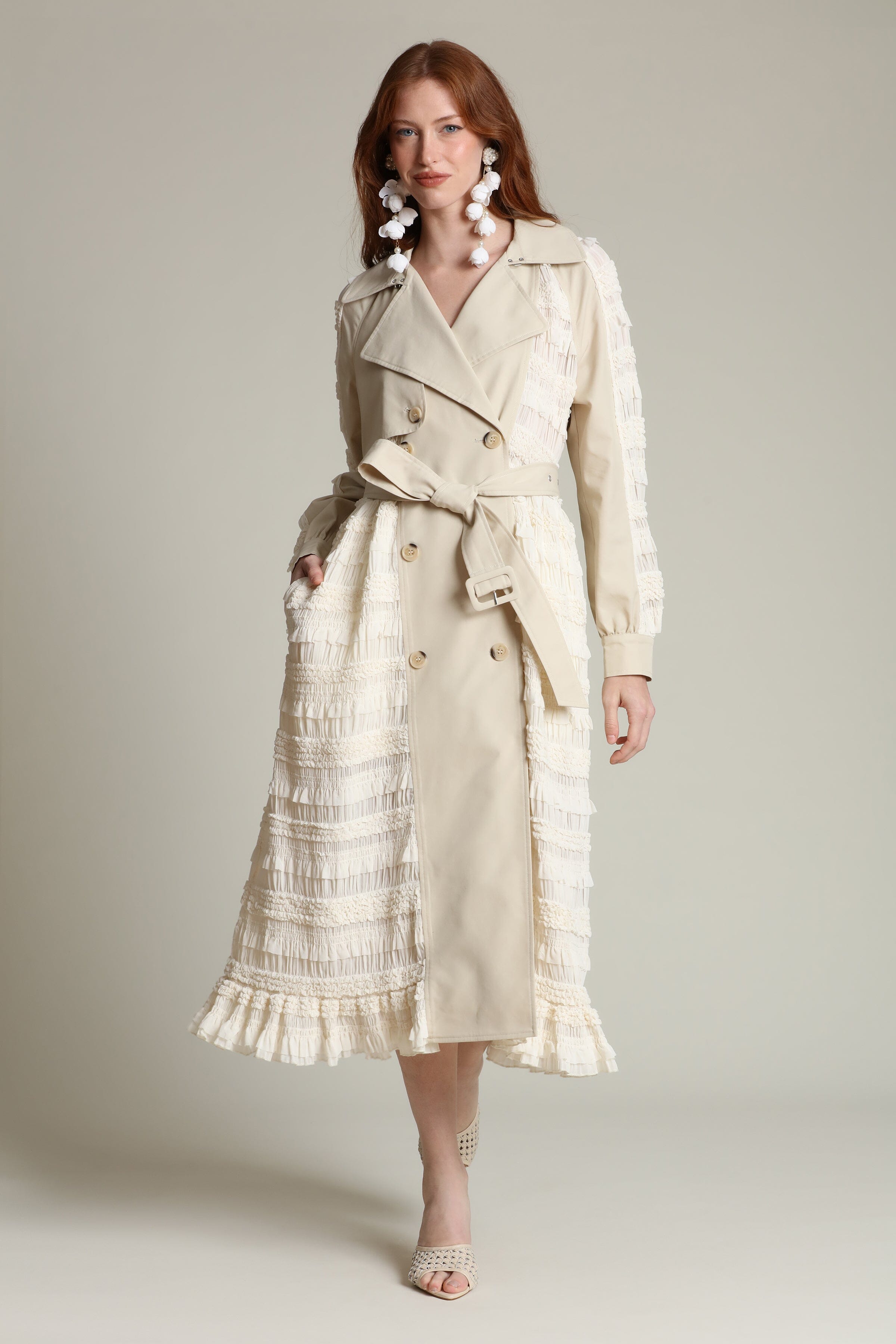 Off-white women's trench coat with a removable self-tie belt and a chiffon ruffle panelling by Avec Les Filles