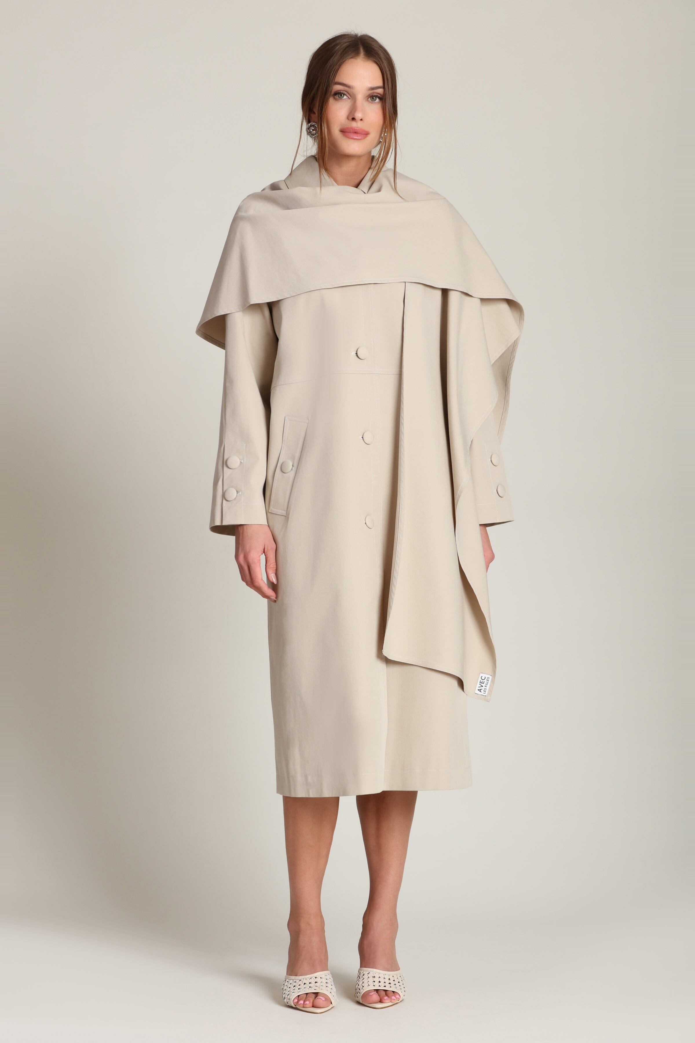 Detachable taupe scarf trench coat with button-front and raglan long sleeves - Shop women's cute trench coats by Avec Les Filles