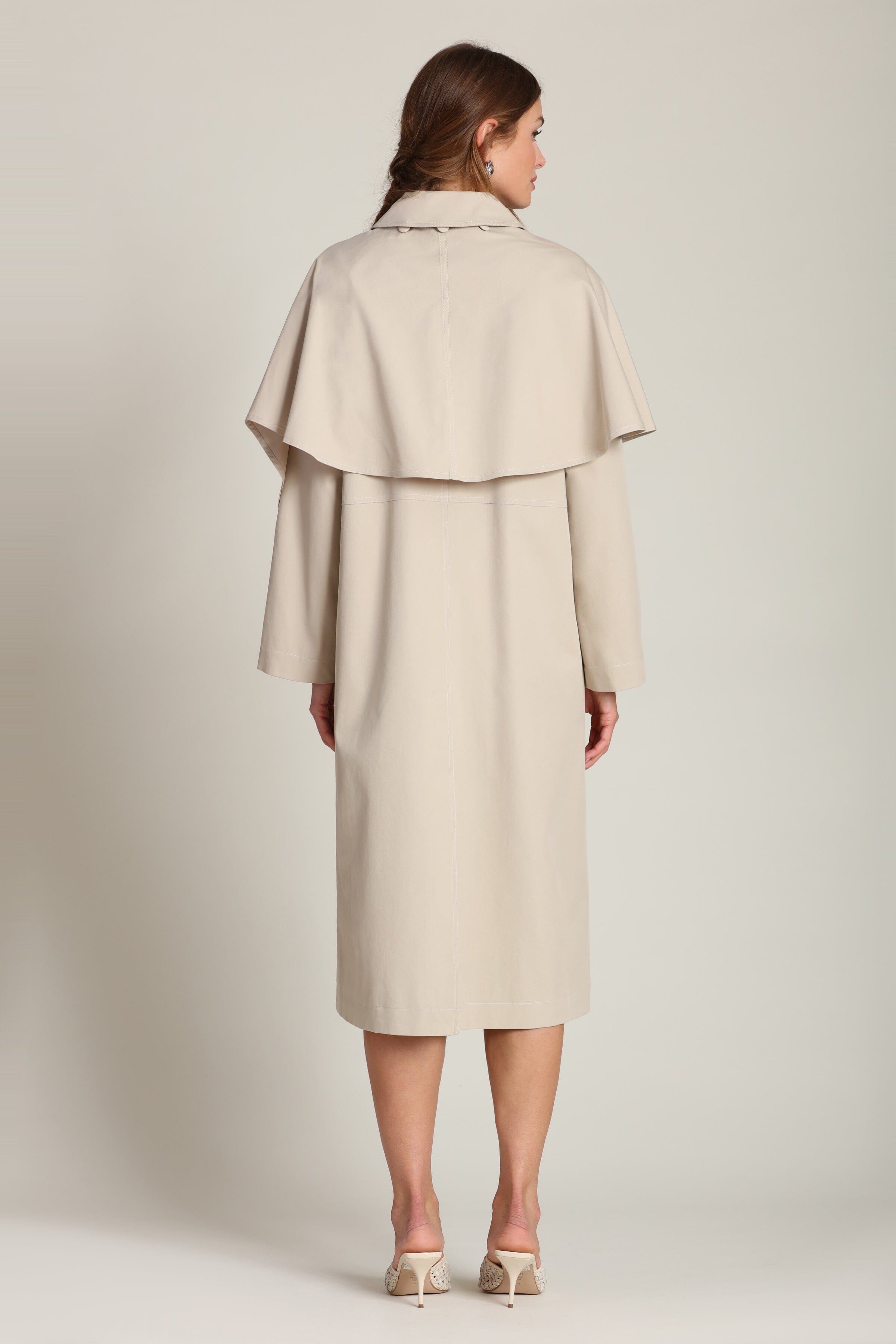 Detachable taupe scarf trench coat with button-front and raglan long sleeves - Shop designer trench coats by Avec Les Filles