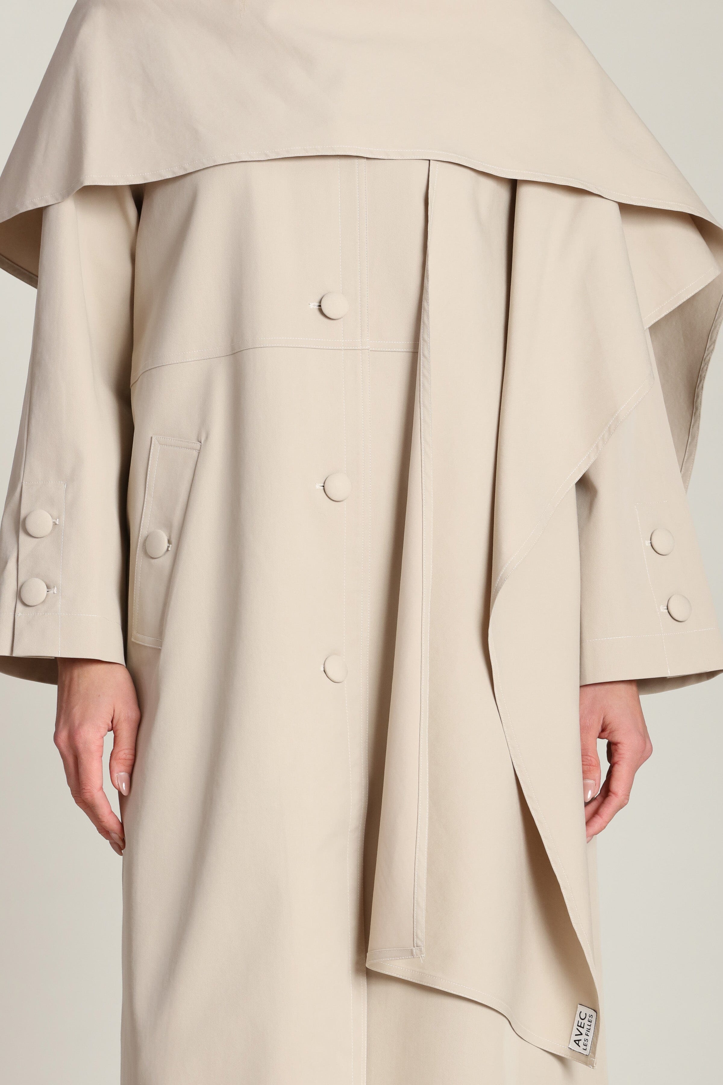 Detachable taupe scarf trench coat with button-front and raglan long sleeves - Shop women's designer trench coats by Avec Les Filles