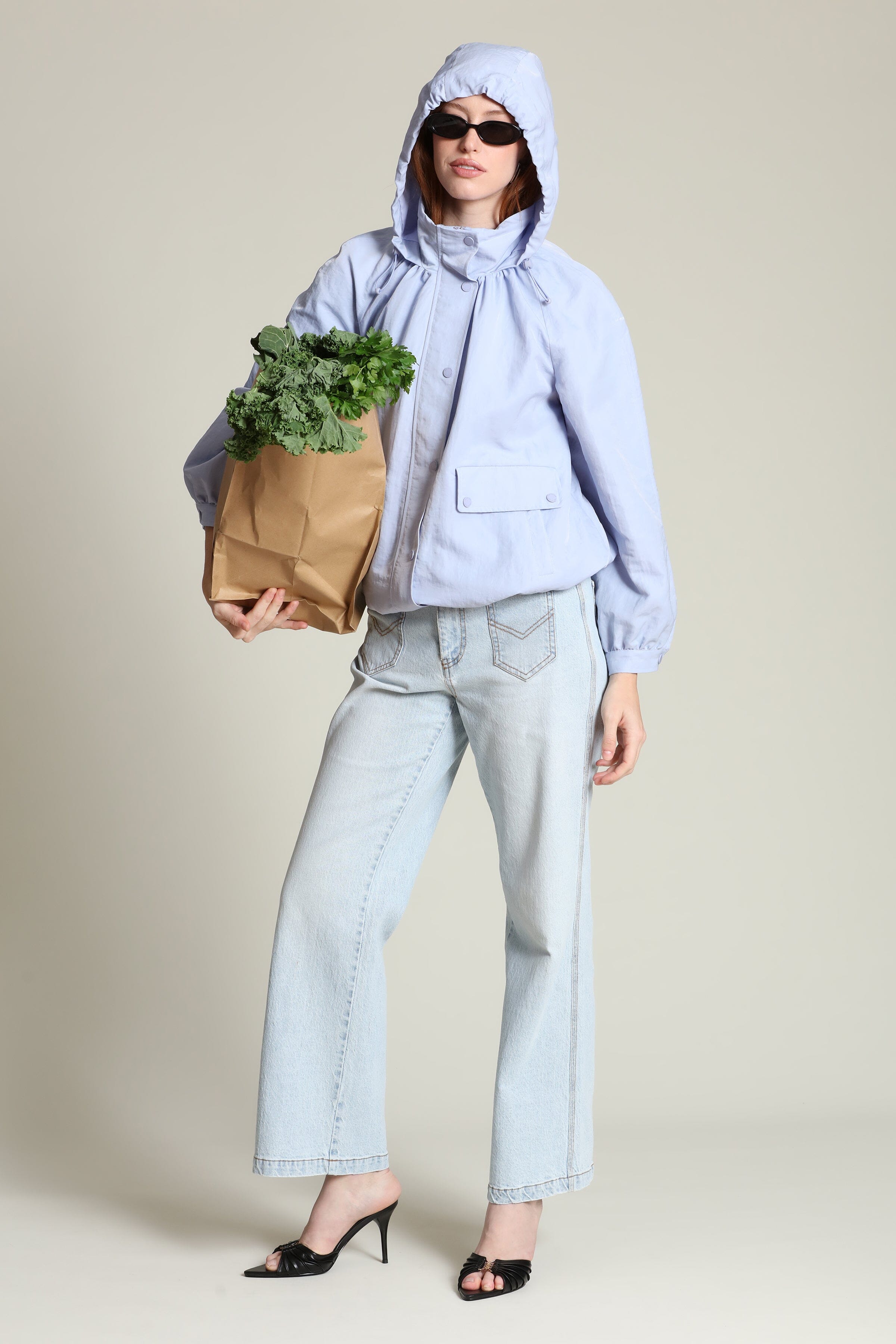 Nylon balloon sleeve blue windbreaker with snap-front and attached hood  jacket by Avec Les Filles