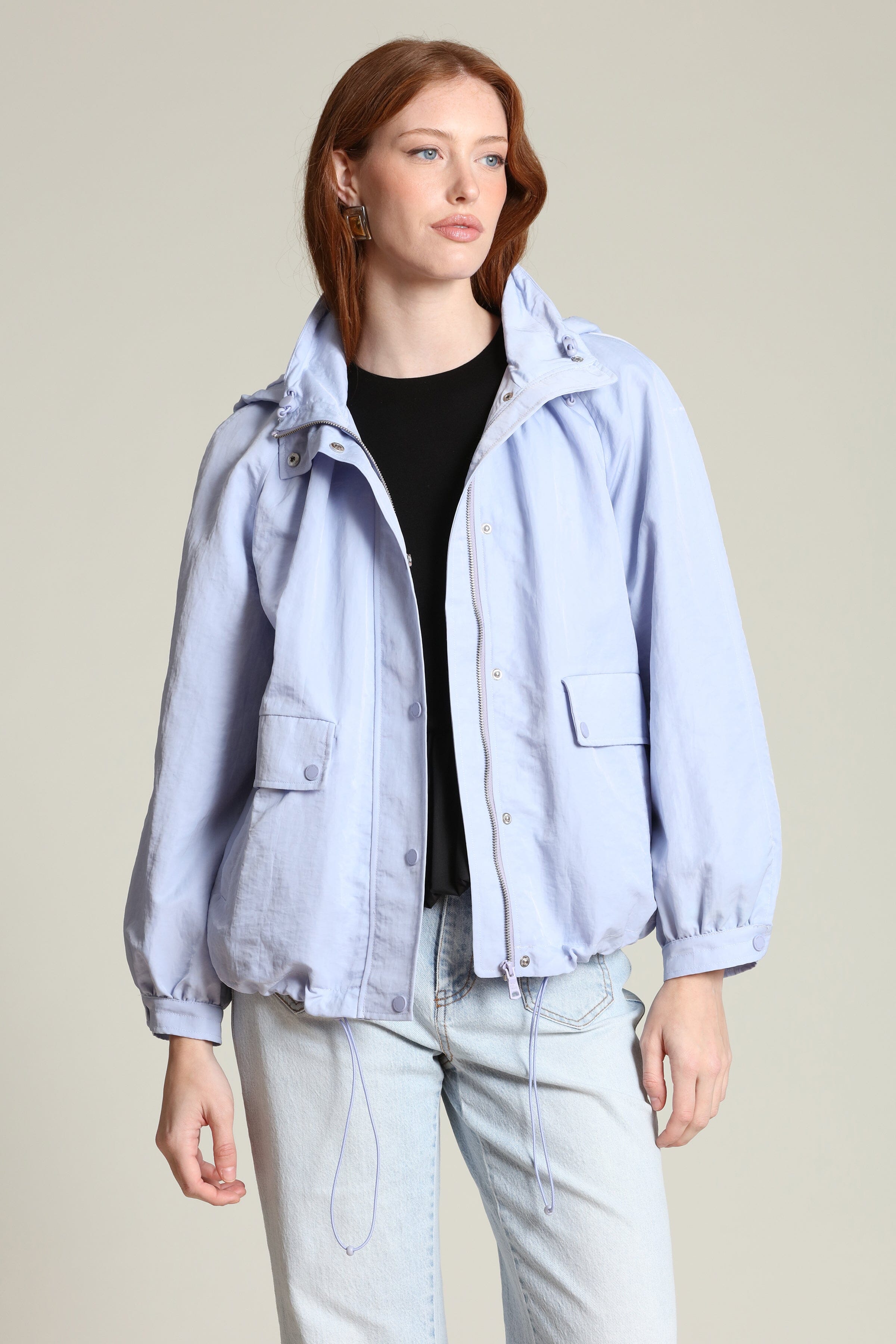 Nylon balloon sleeve blue windbreaker attached hood jacket - Shop designer women's windbreaker coats & jackets by Avec Les Filles