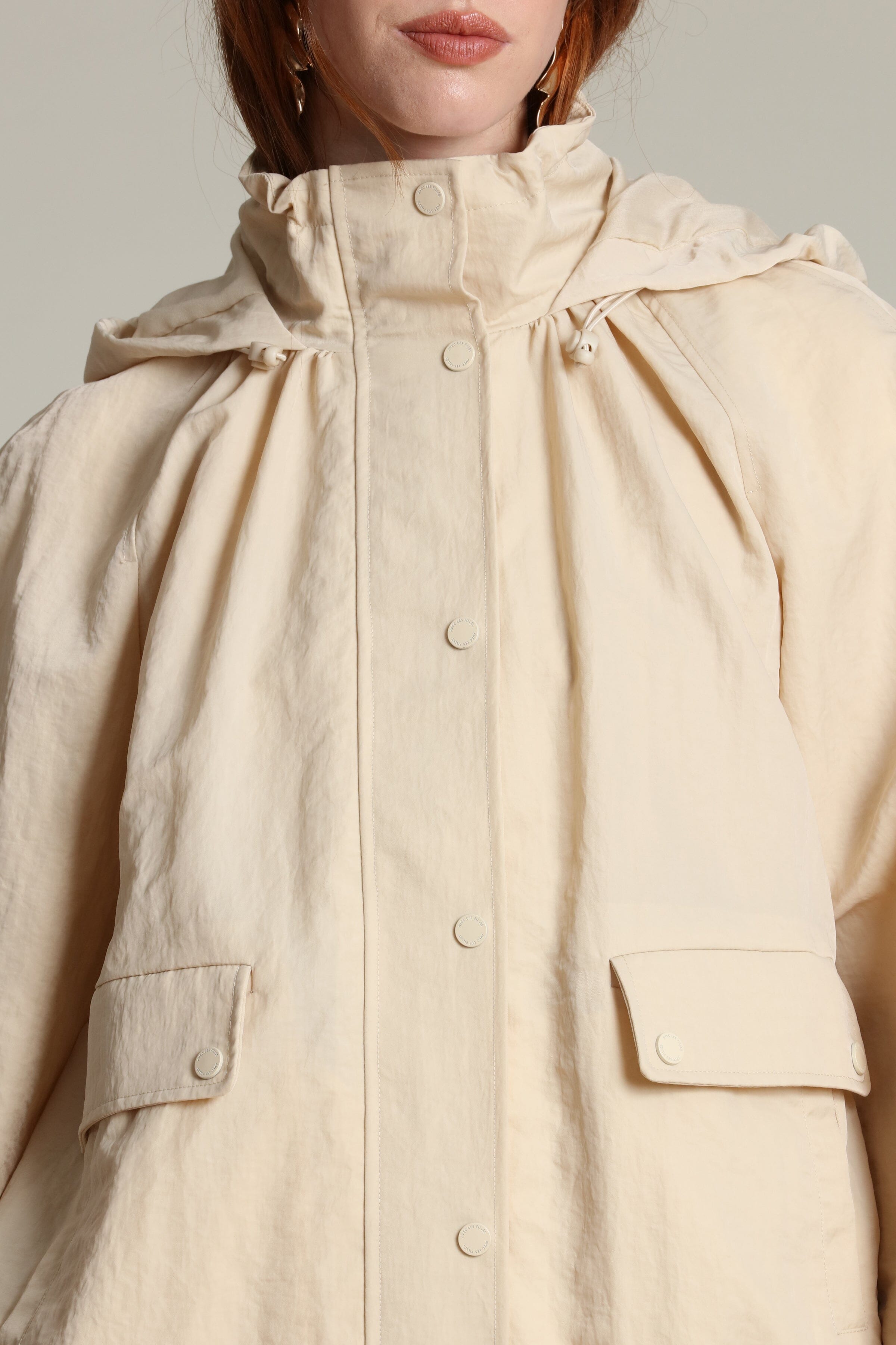 Nylon balloon sleeve ivory windbreaker attached hood jacket - Shop designer women's windbreaker coats & jackets by Avec Les Filles