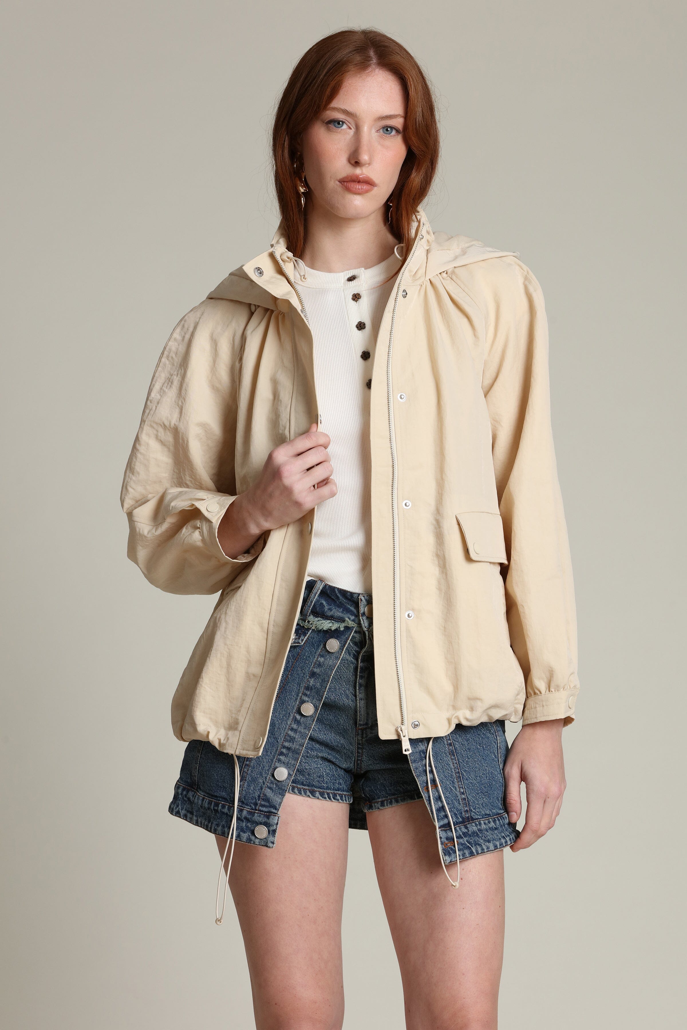 Nylon balloon sleeve ivory windbreaker with snap-front and attached hood - Shop women's coats & jackets by Avec Les Filles