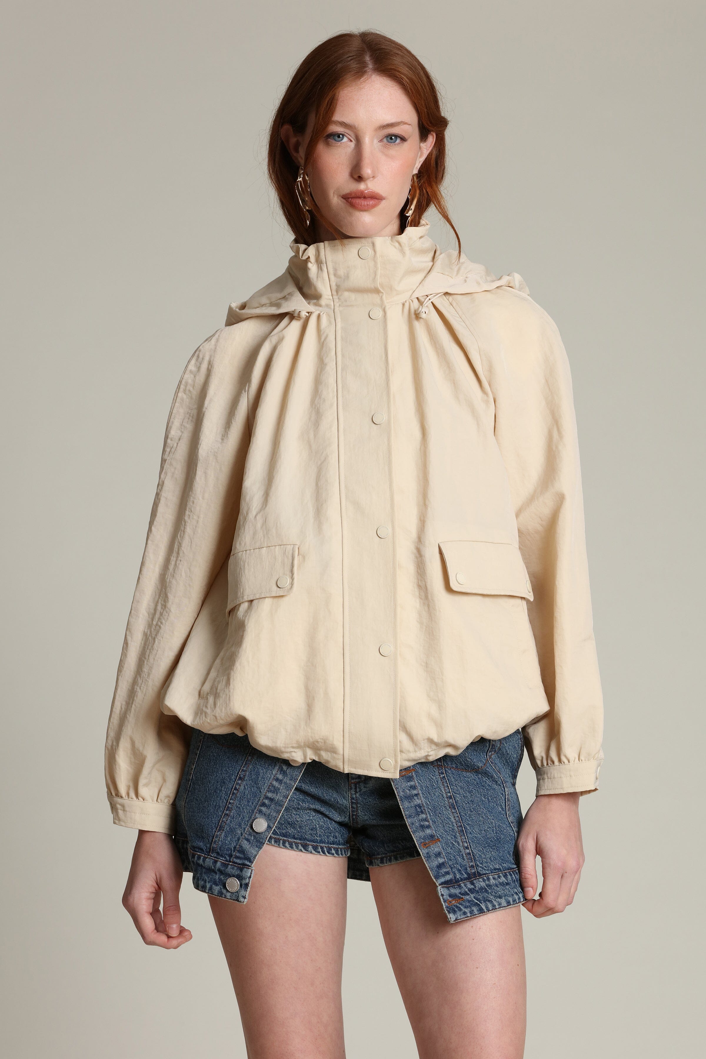 Nylon balloon sleeve ivory windbreaker with snap-front - Shop designer women's windbreaker coats & jackets by Avec Les Filles